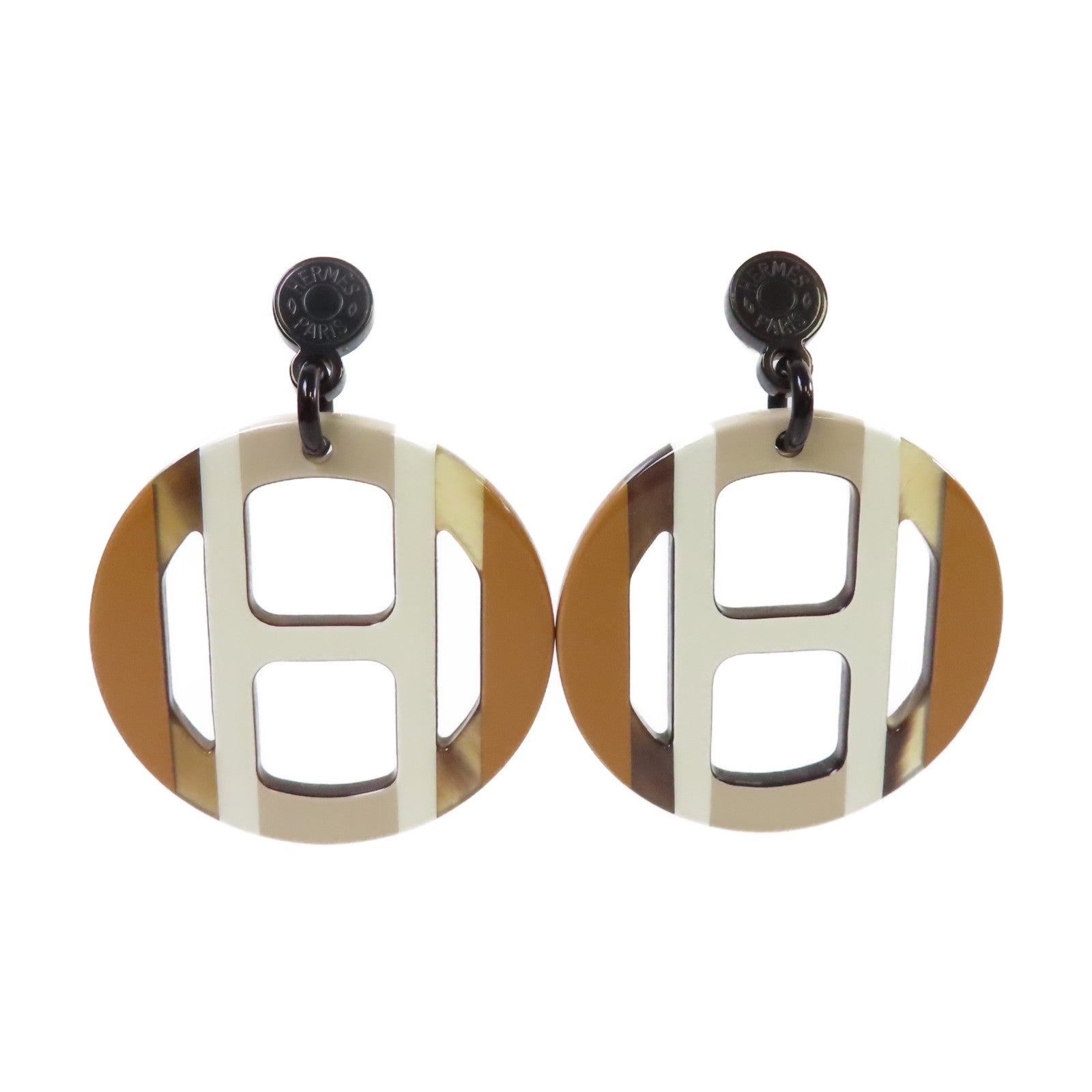 HERMES 水牛角H Equipe Earrings銀扣耳環白色/啡色