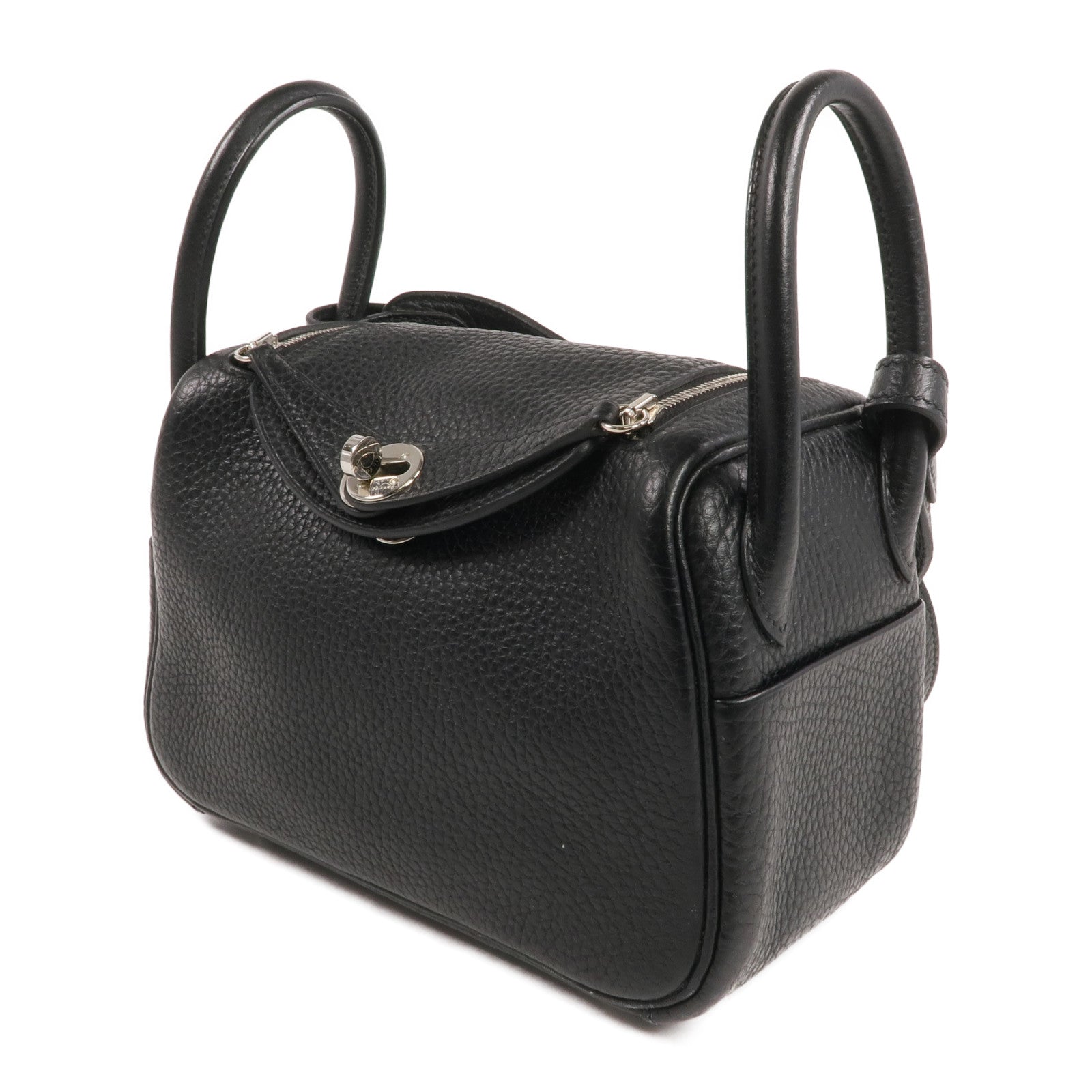 HERMES Clemence皮革Mini Lindy銀扣手挽肩背兩用袋Noir