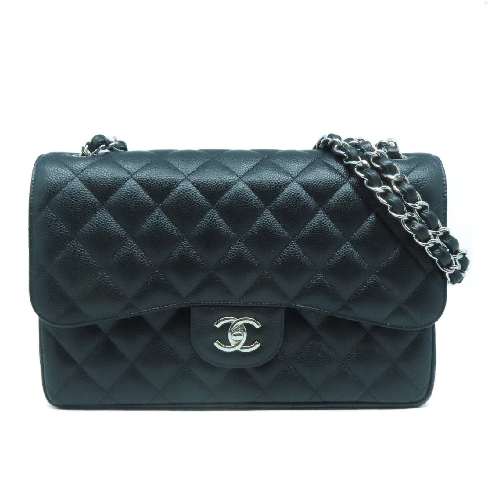 CHANEL 【激減優惠】菱格Caviar皮革Classic銀扣肩背袋黑色