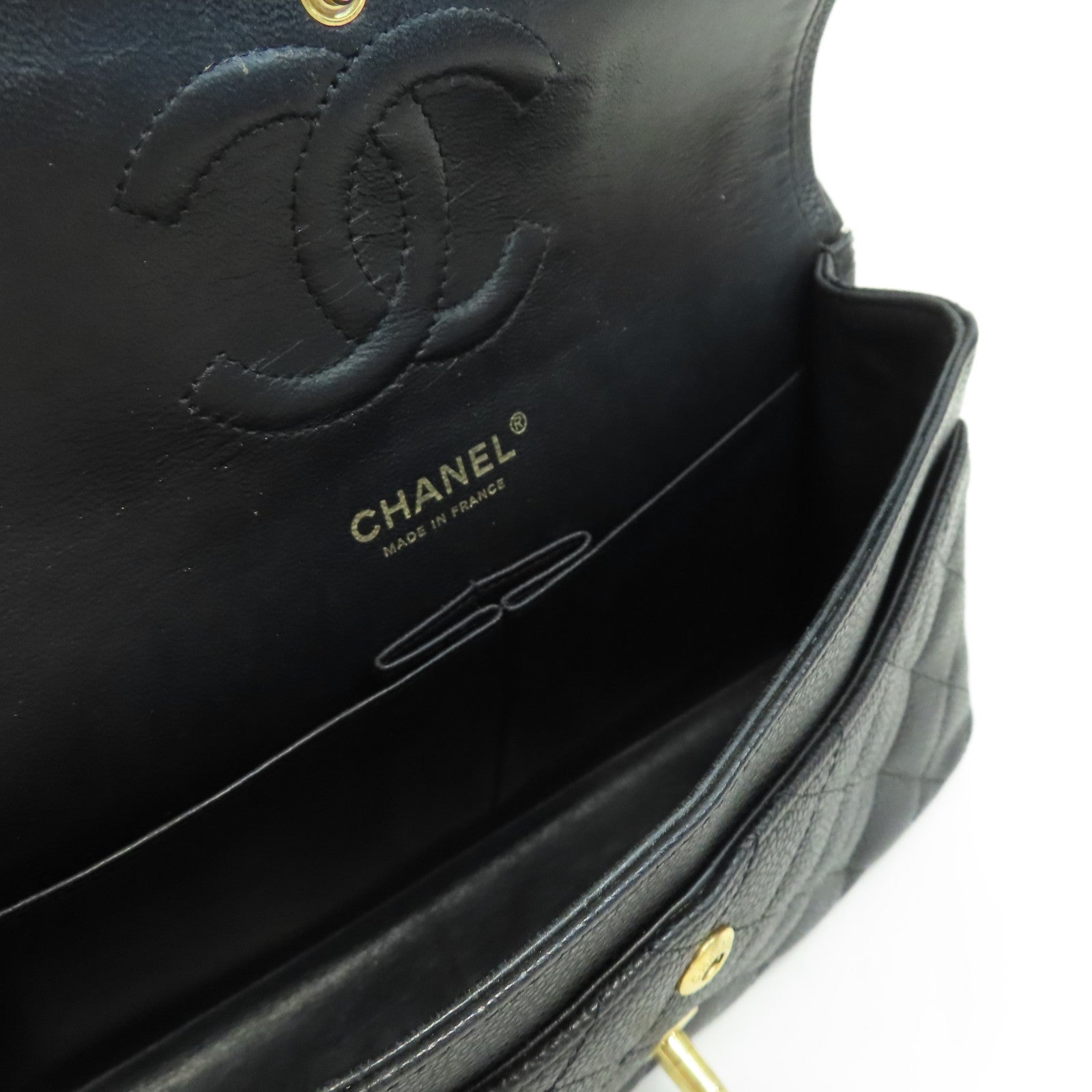 CHANEL 菱格Caviar皮革Classic 25金扣鏈帶肩背袋黑色