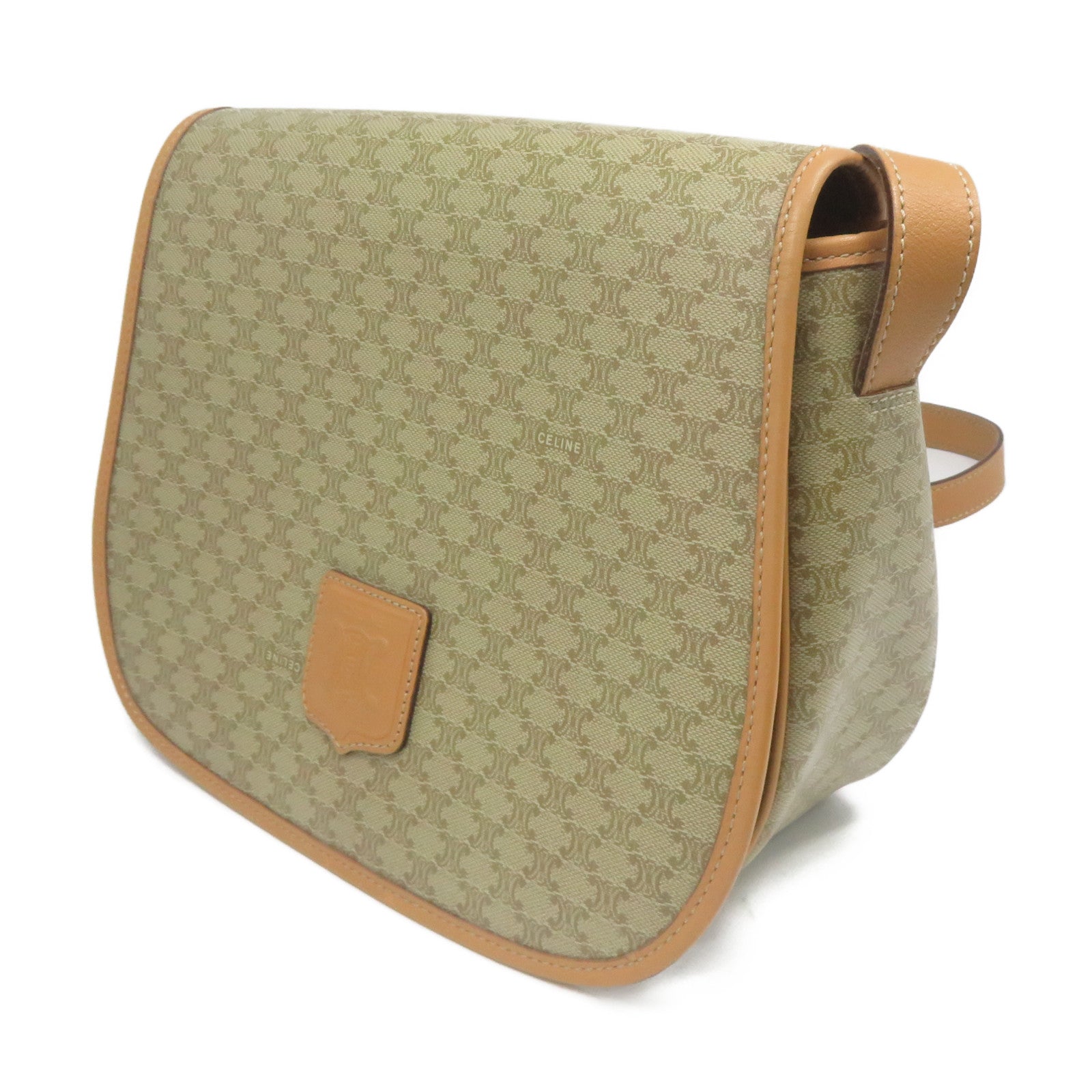 CELINE 【清倉大減價】塗層帆布Shoulder Bag金扣肩背袋卡其色