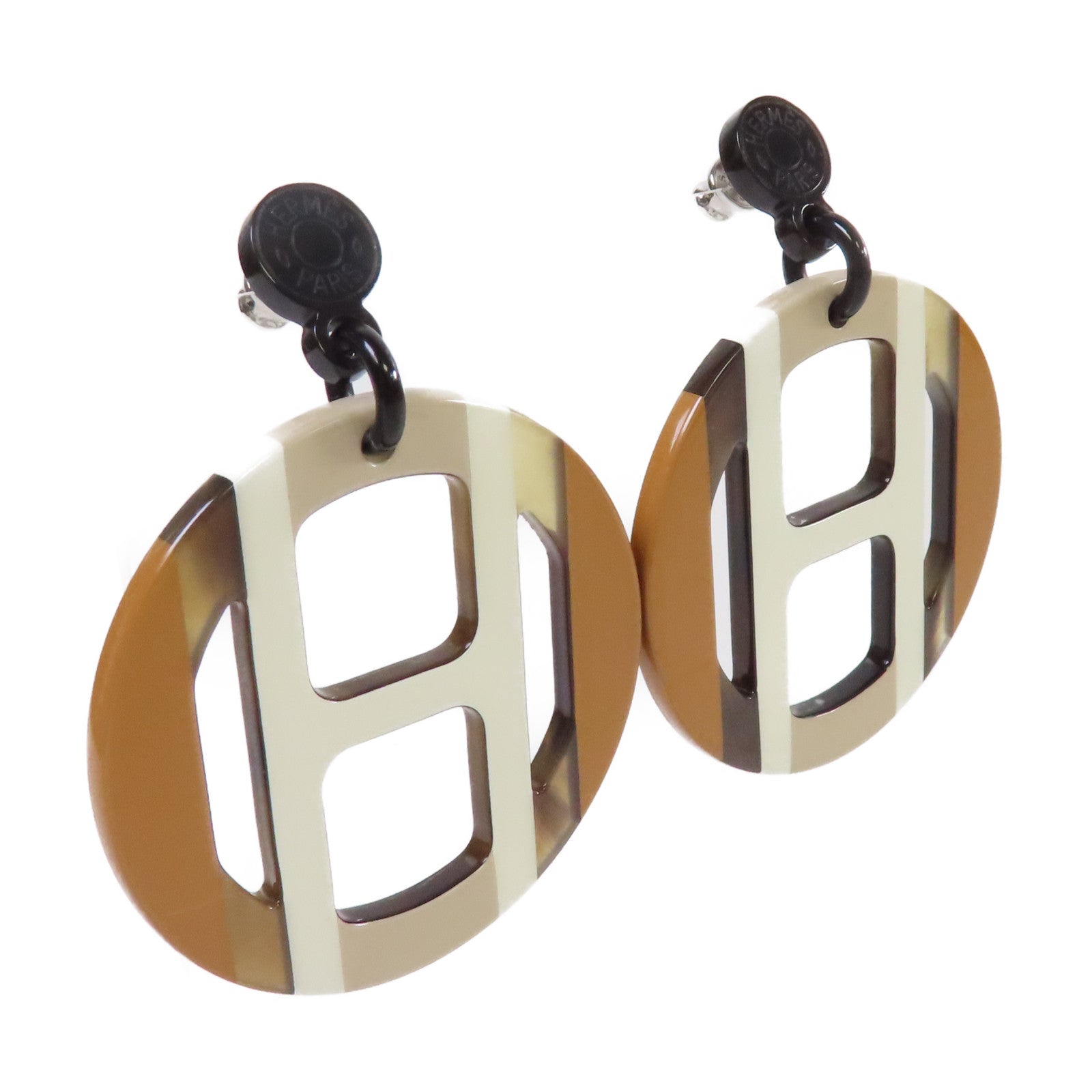 HERMES 水牛角H Equipe Earrings銀扣耳環白色/啡色