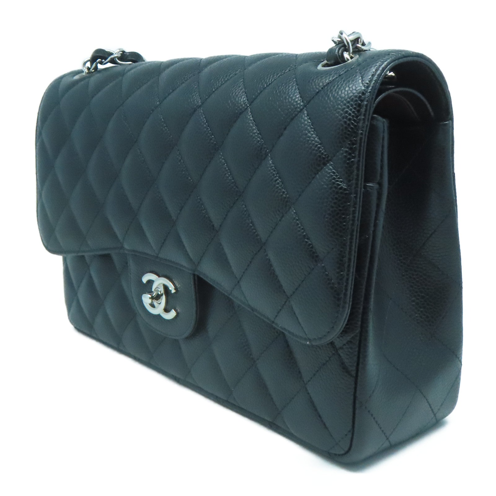 CHANEL 【激減優惠】菱格Caviar皮革Classic銀扣肩背袋黑色