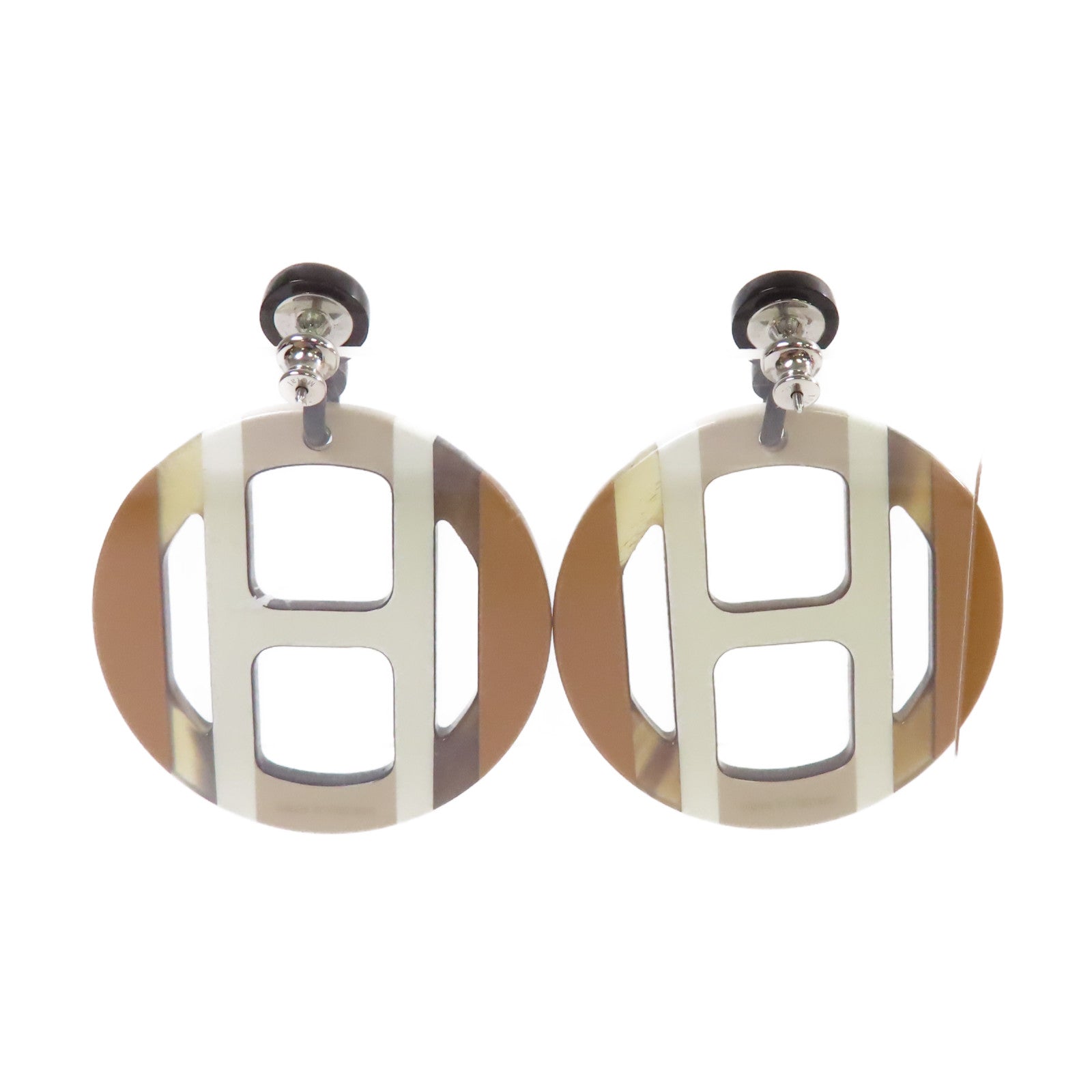 HERMES 水牛角H Equipe Earrings銀扣耳環白色/啡色