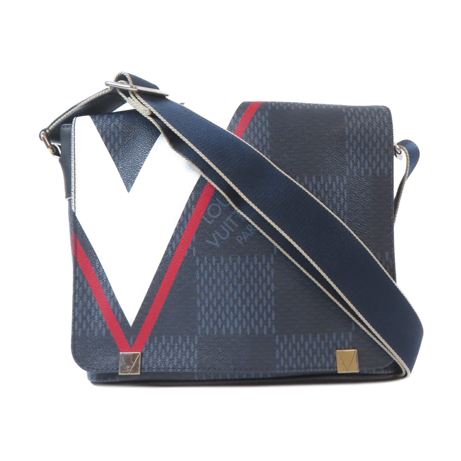 LOUIS VUITTON Damier Cobalt District 2017銀扣肩背袋深藍色/白色/紅色