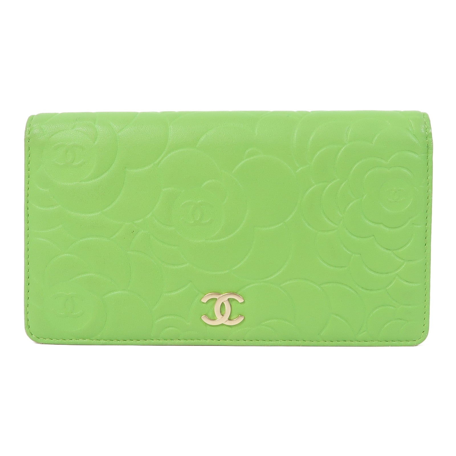 CHANEL 羊皮皮革Long Wallet金扣長錢包綠色
