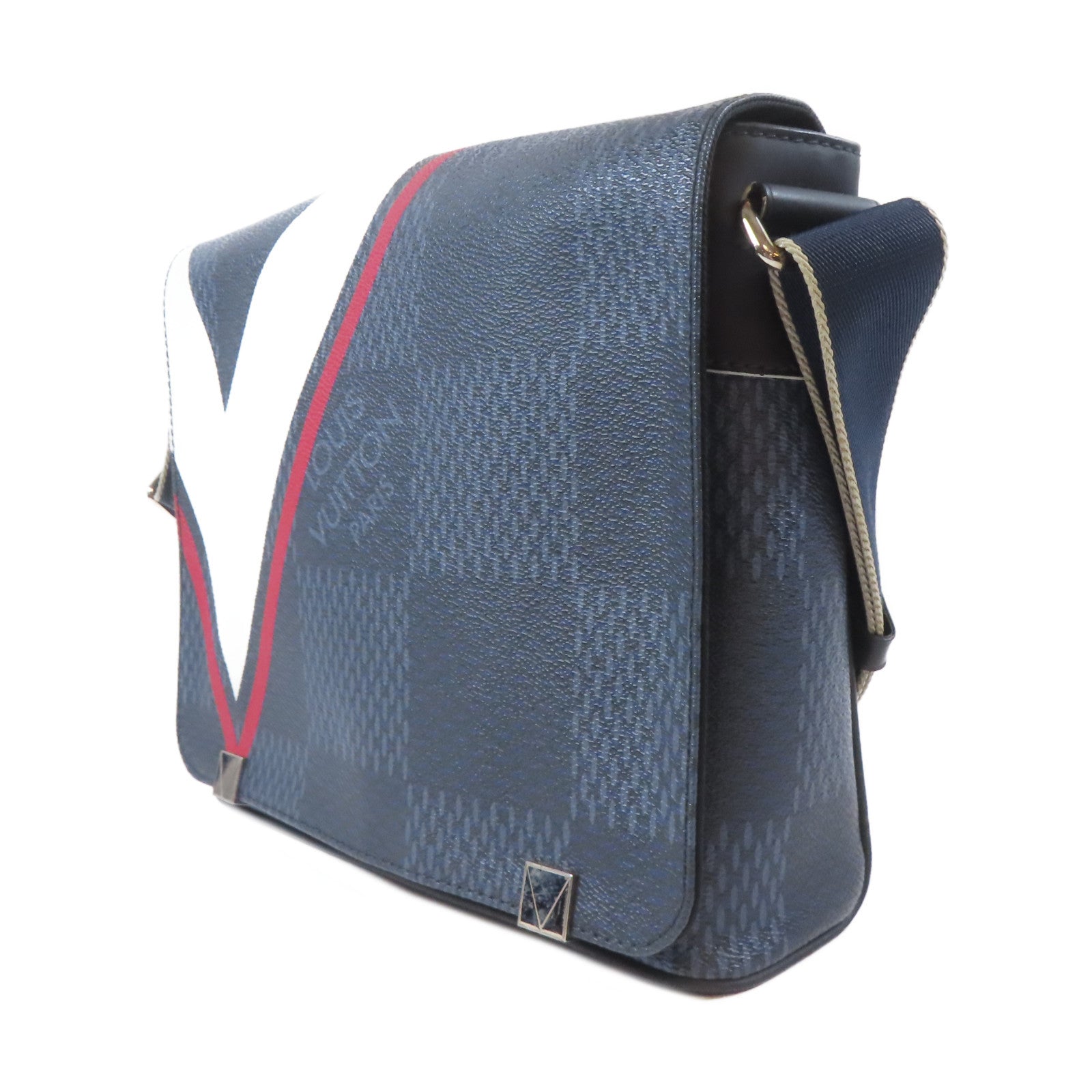 LOUIS VUITTON Damier Cobalt District 2017銀扣肩背袋深藍色/白色/紅色