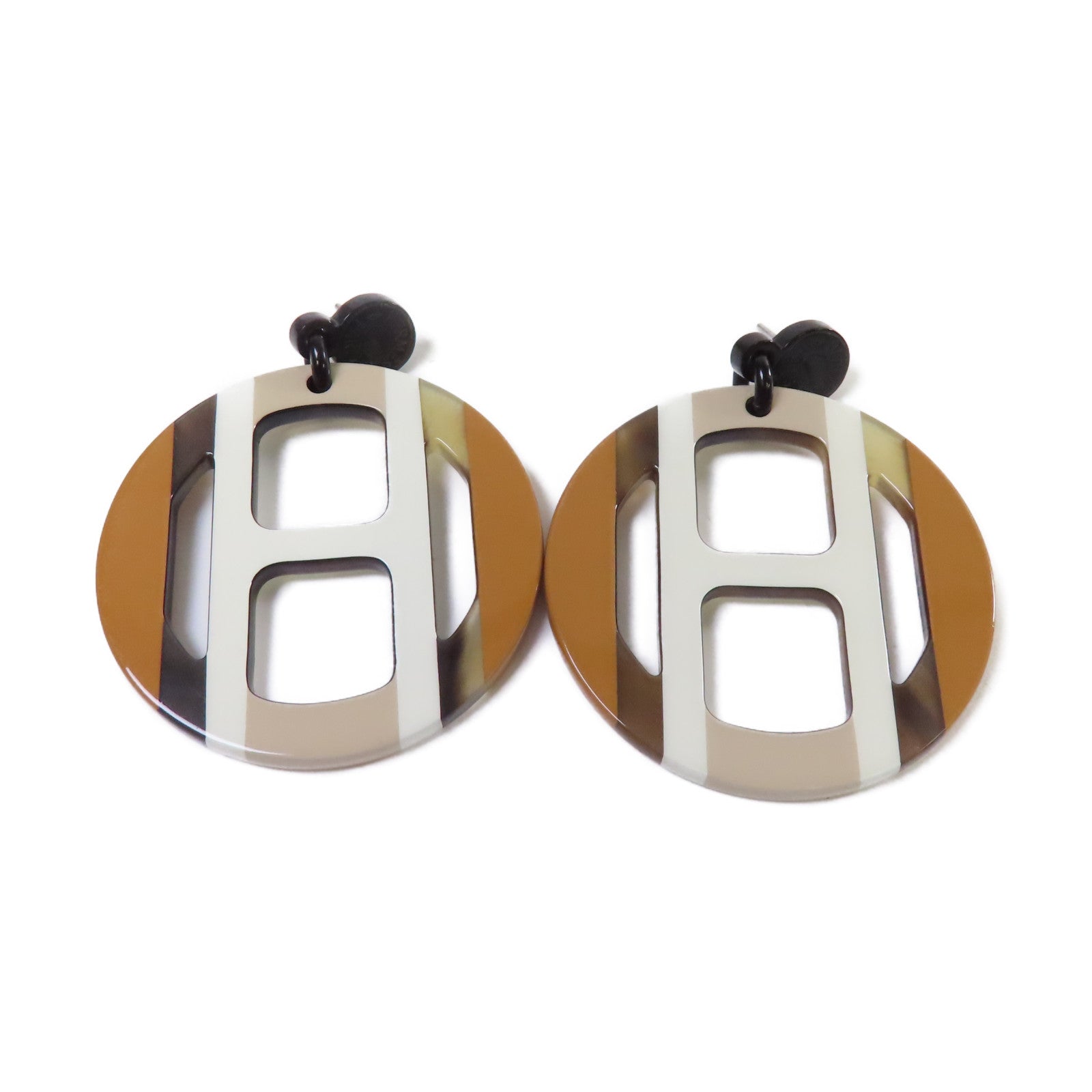 HERMES 水牛角H Equipe Earrings銀扣耳環白色/啡色
