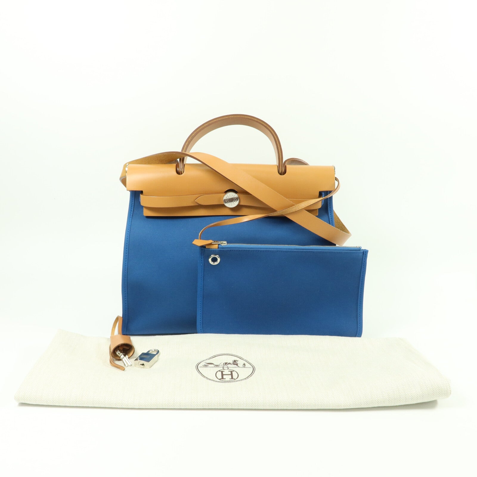 HERMES Toile H/帆布Herbag PM手挽肩背兩用袋Bleu Izmir