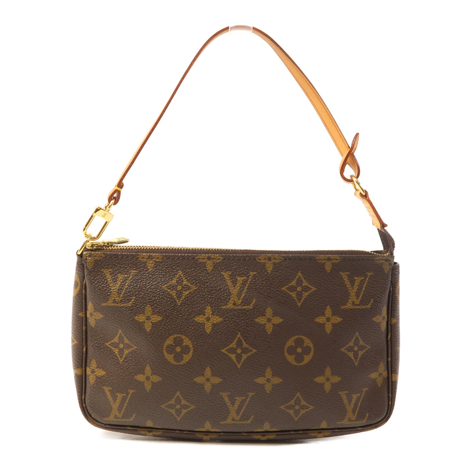 LOUIS VUITTON Monogram Pochette Accessoires金扣手挽袋棕色