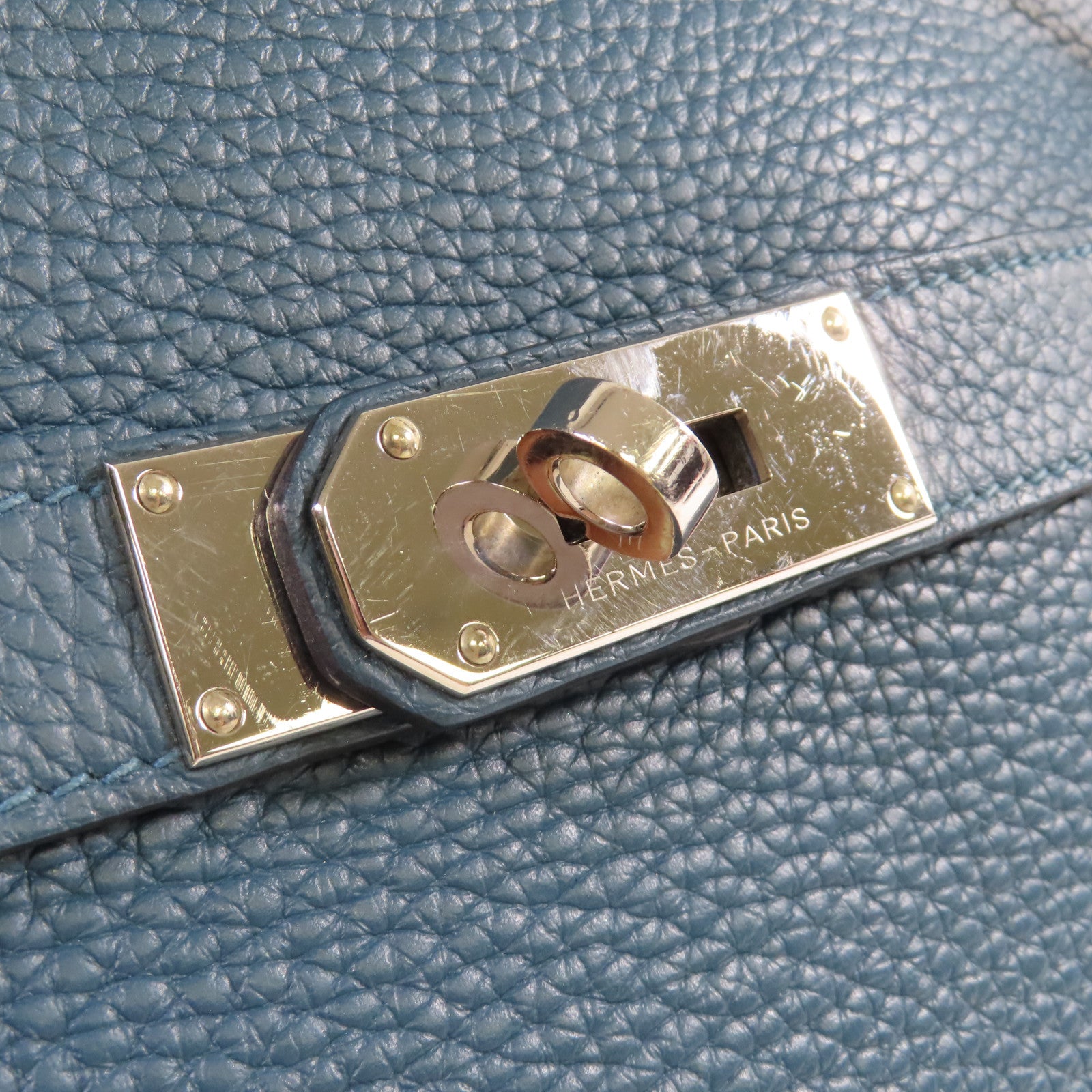 HERMES Clemence皮革Jypsiere 34 Shoulder Bag銀扣肩背袋1P Colvert鴨子藍色