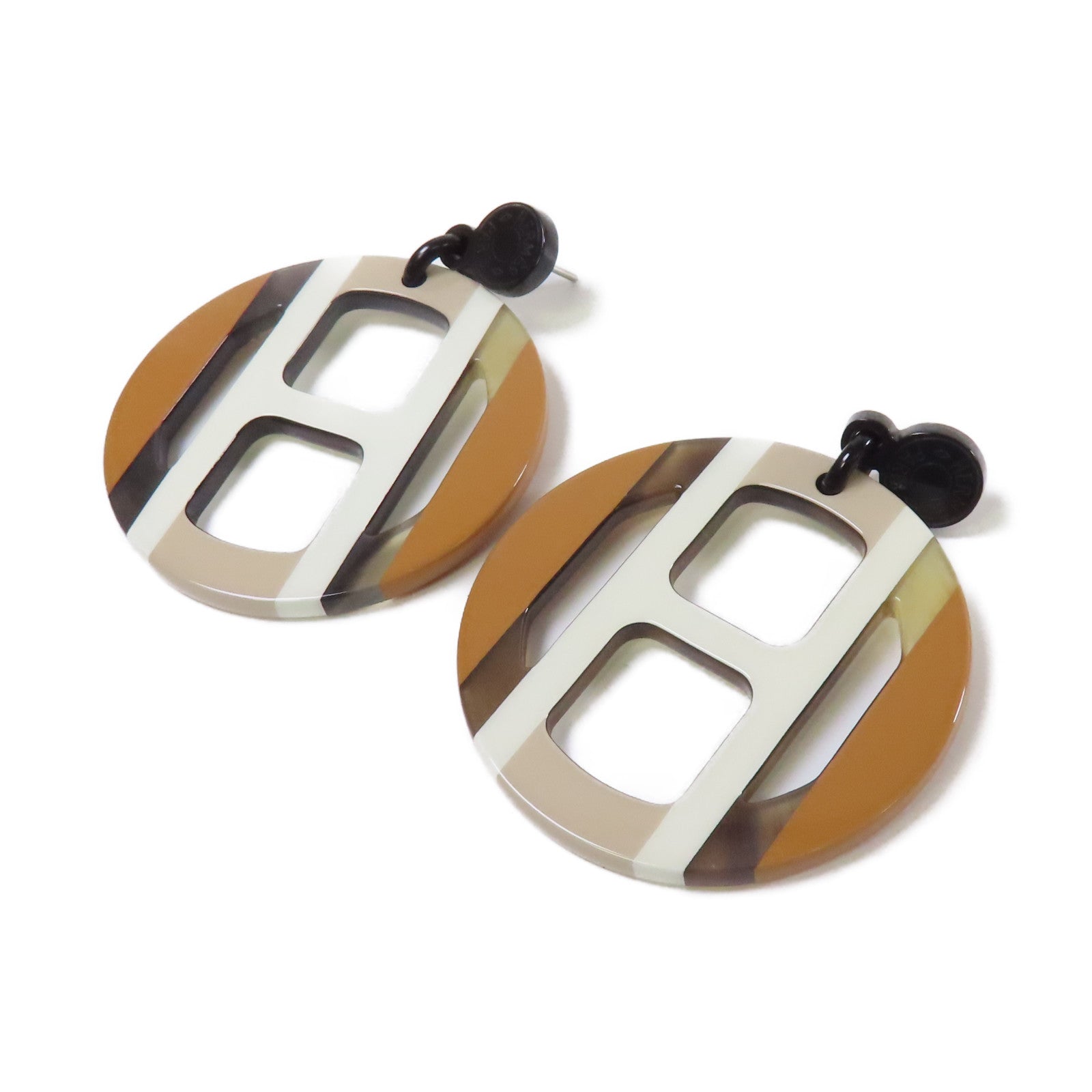 HERMES 水牛角H Equipe Earrings銀扣耳環白色/啡色