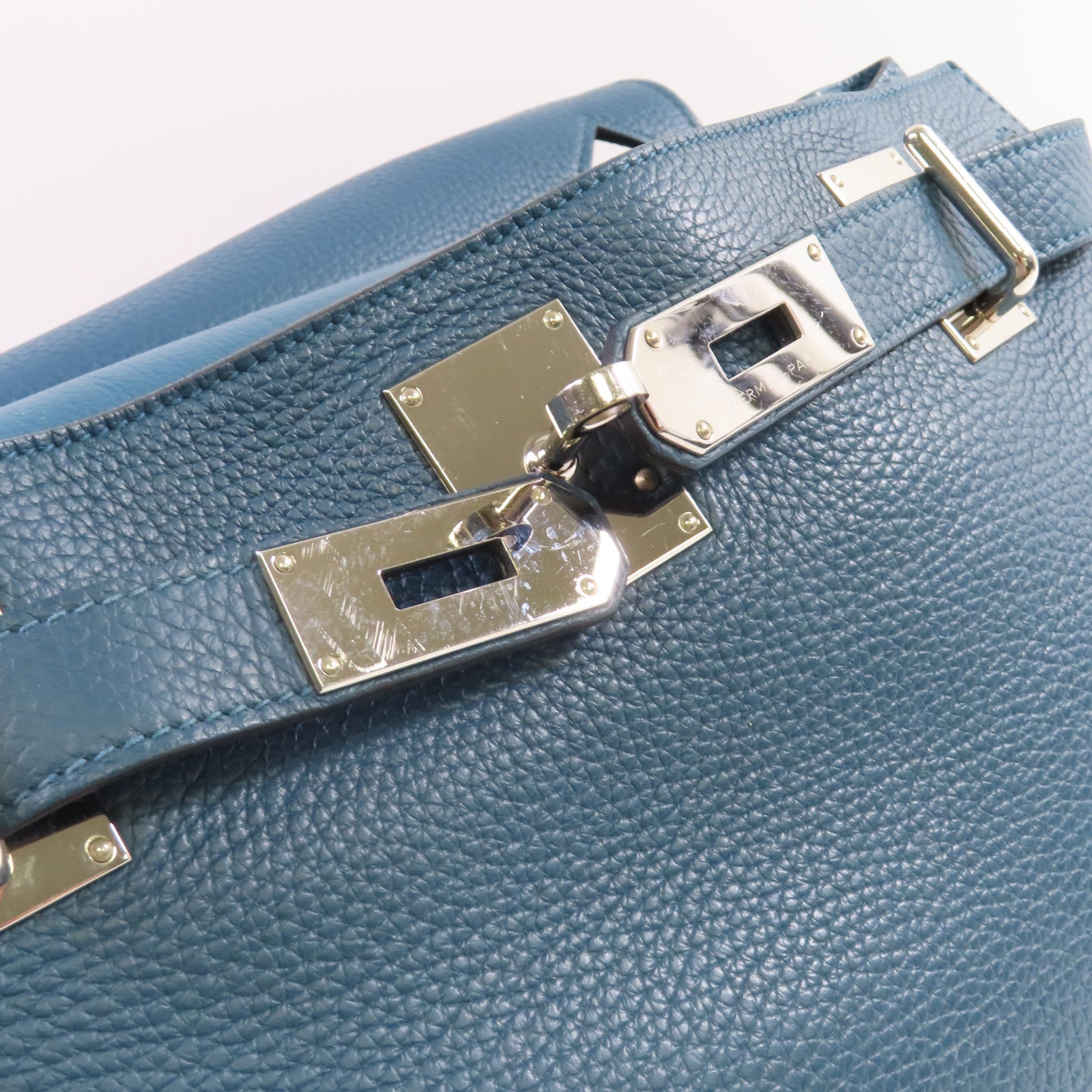 HERMES Clemence皮革Jypsiere 34 Shoulder Bag銀扣肩背袋1P Colvert鴨子藍色