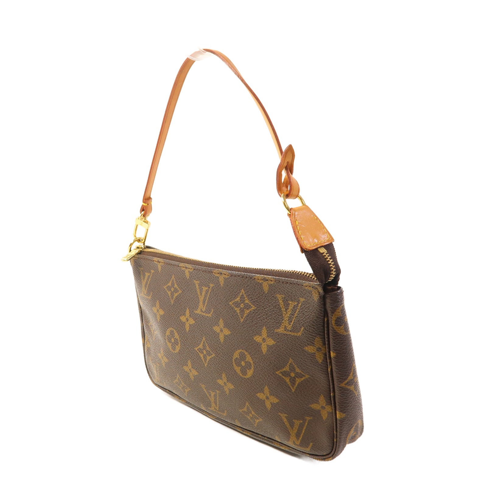 LOUIS VUITTON Monogram Pochette Accessoires金扣手挽袋棕色