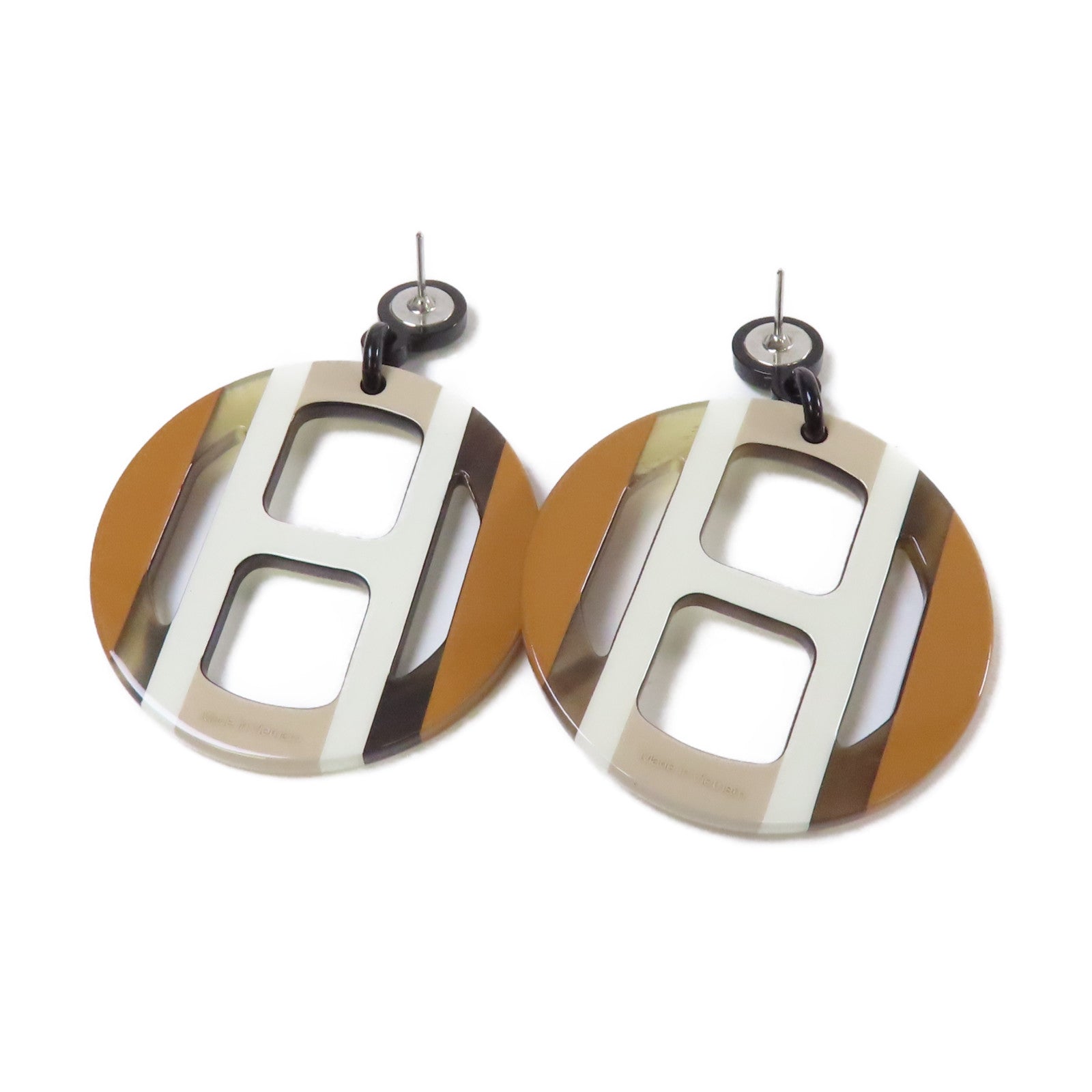 HERMES 水牛角H Equipe Earrings銀扣耳環白色/啡色