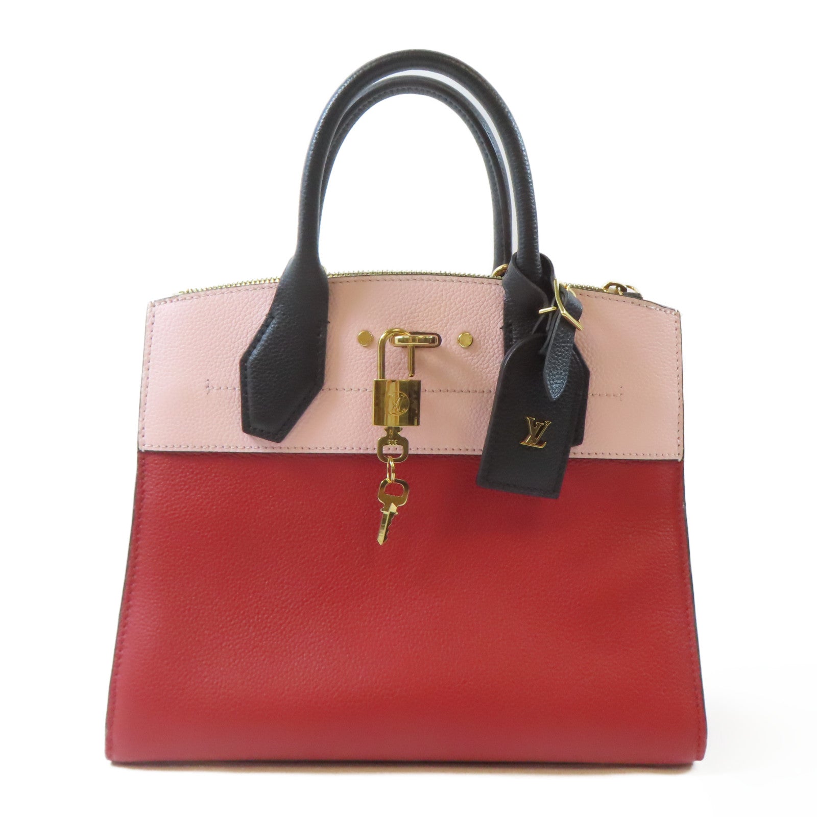 LOUIS VUITTON (PRICE DOWN) LV GHW City Steamer PM Handbag M53321 Leather Red Pink Black