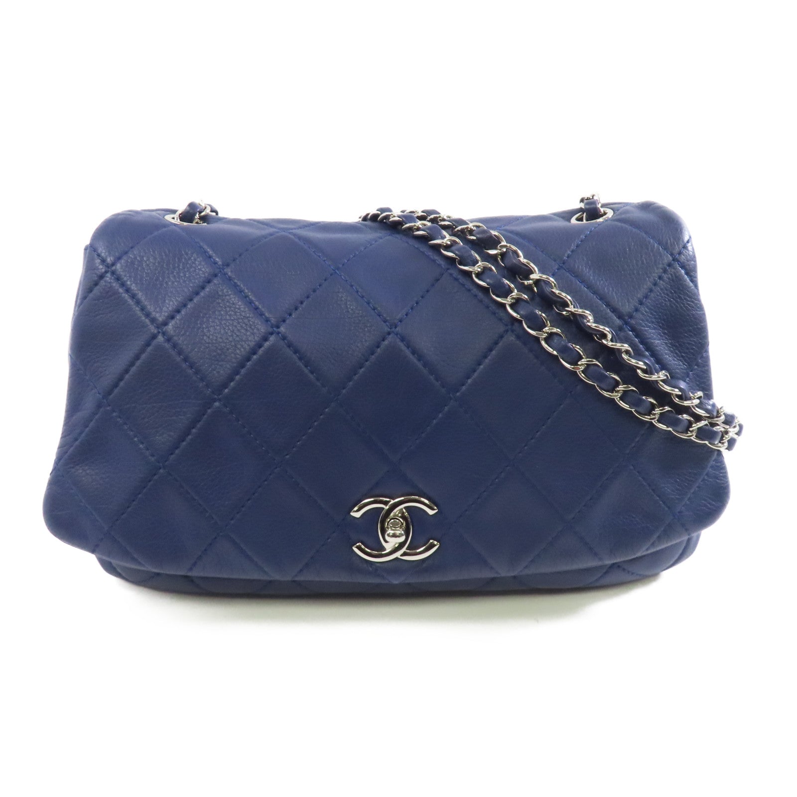 CHANEL 菱格皮革Chain Shoulder銀扣鏈帶肩背袋藍色