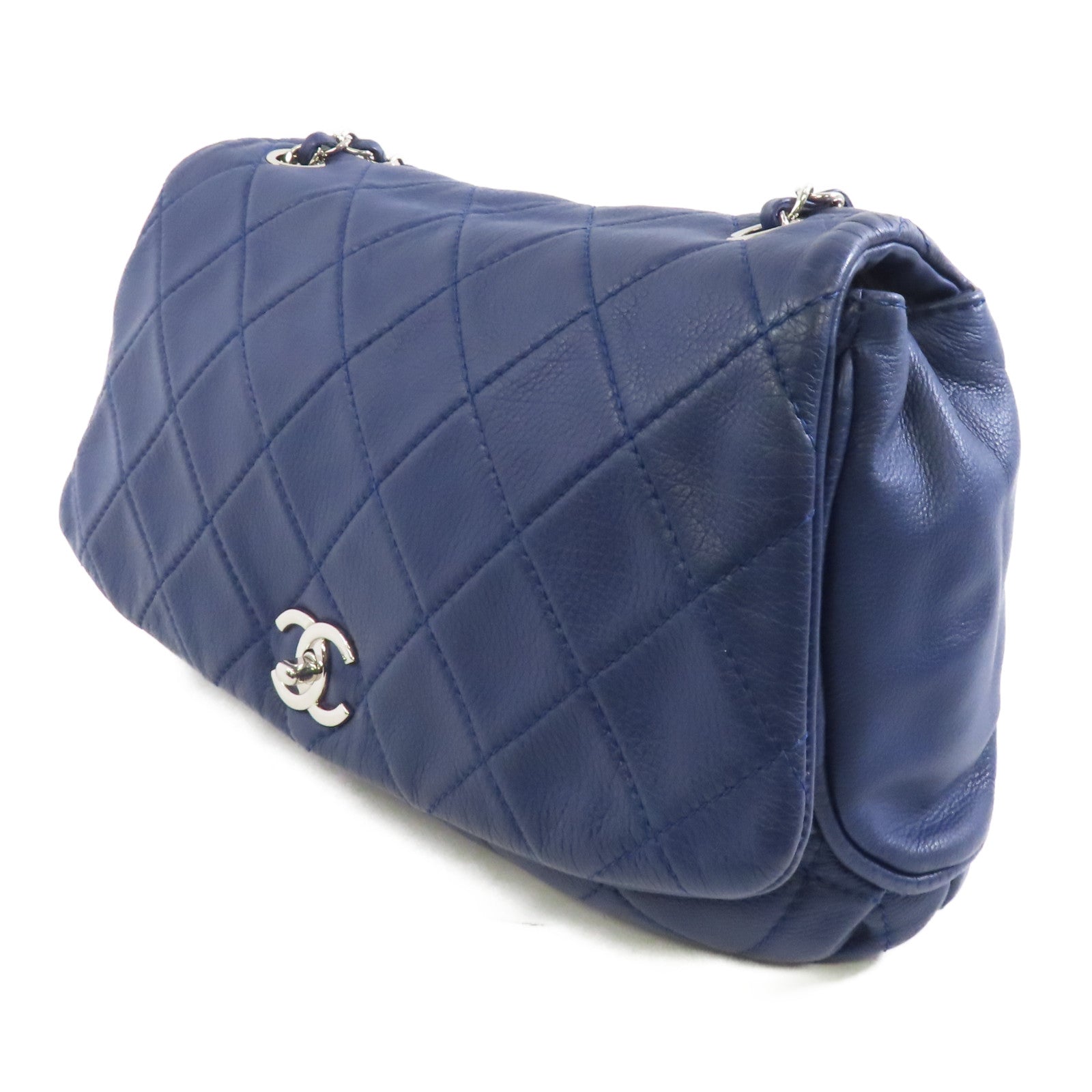CHANEL 菱格皮革Chain Shoulder銀扣鏈帶肩背袋藍色