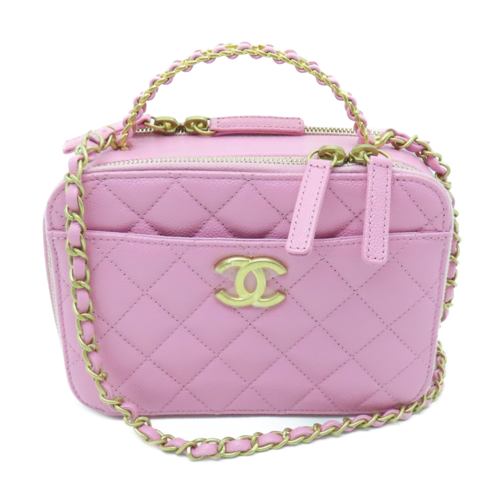 CHANEL 【激減優惠】菱格Caviar皮革２Way Shoulder金扣手挽肩背兩用袋粉紅色