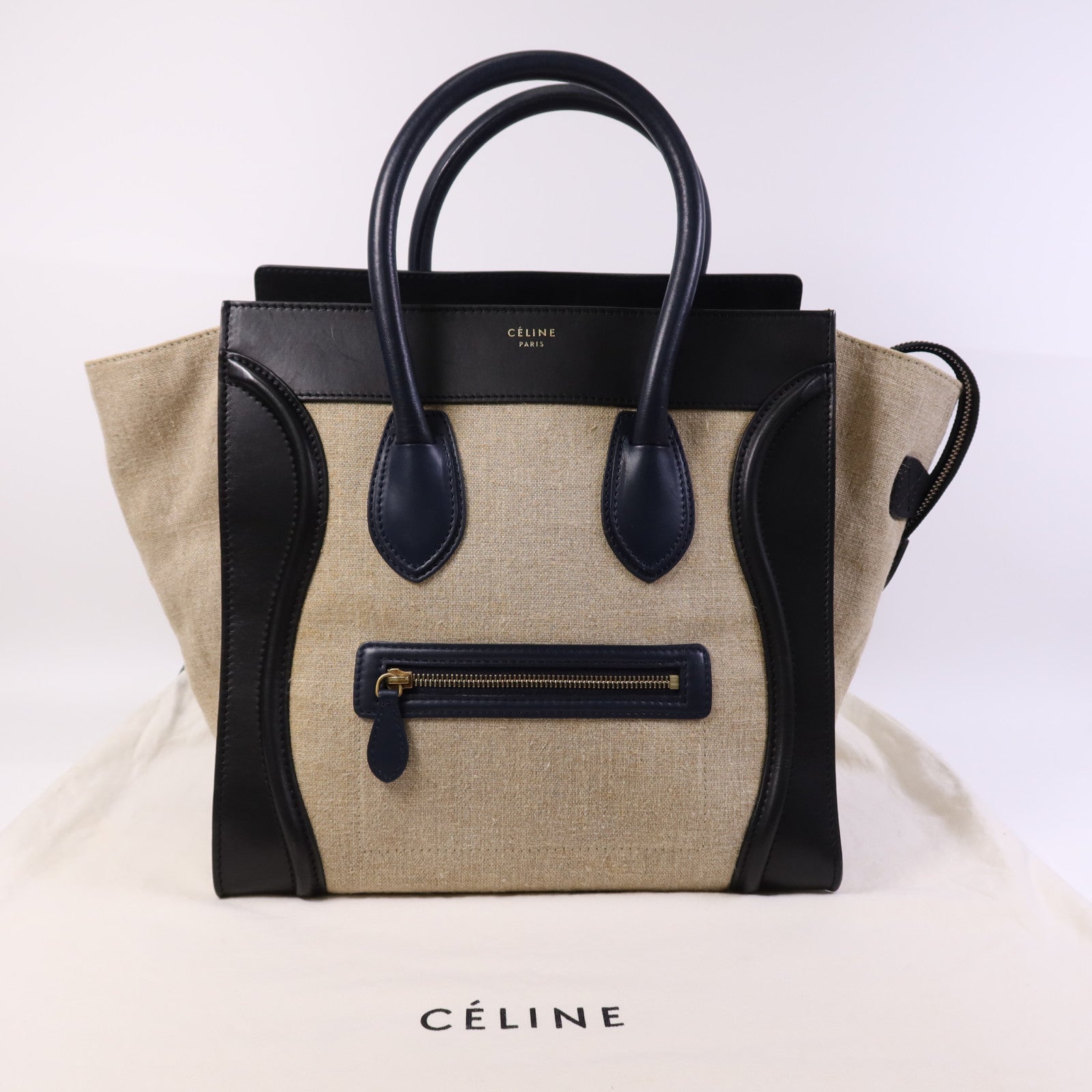 CELINE 麻質/牛皮皮革Mini Luggage金扣手挽袋
