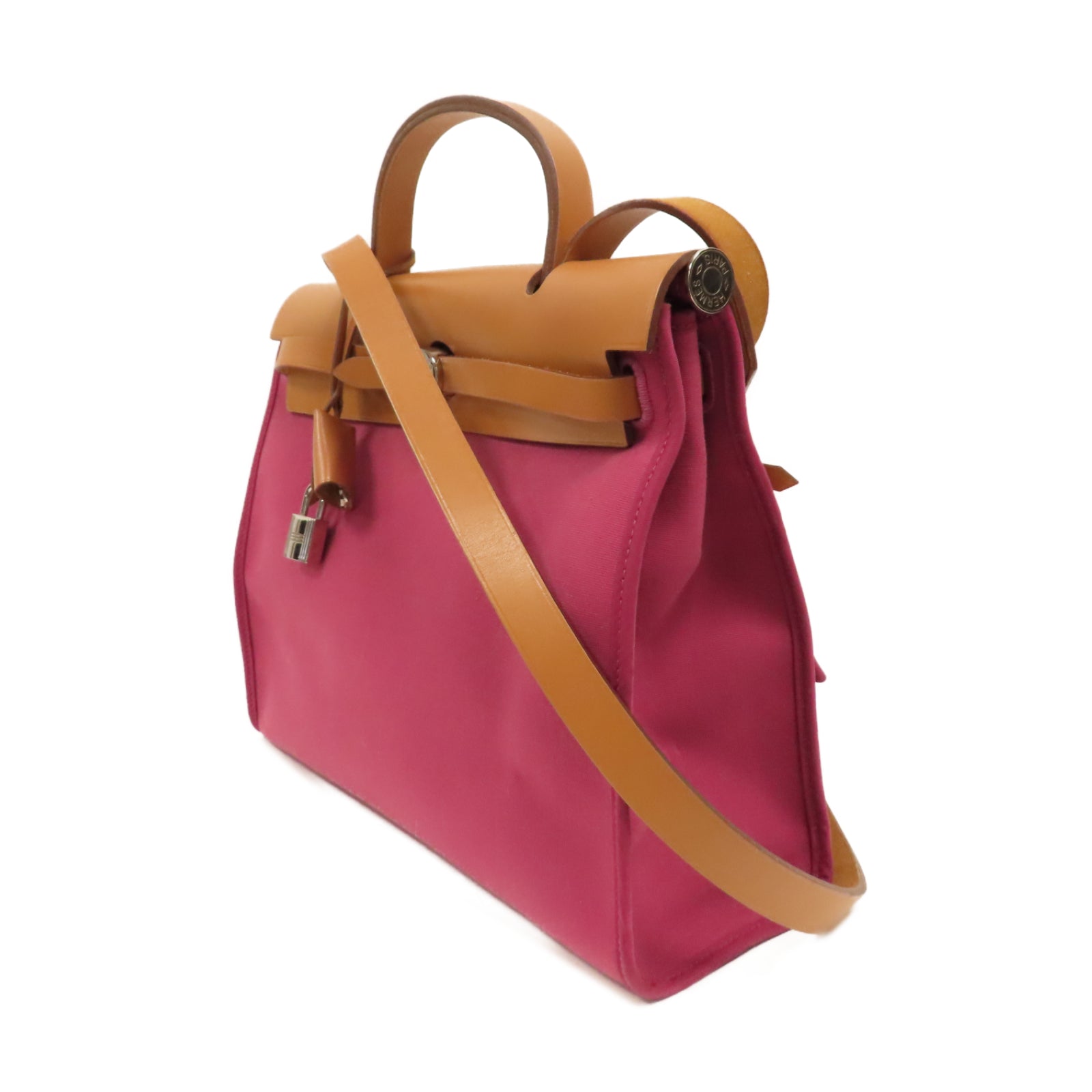 HERMES 【激減優惠】帆布Herbag PM銀扣手挽肩背兩用袋Ruby粉紅色