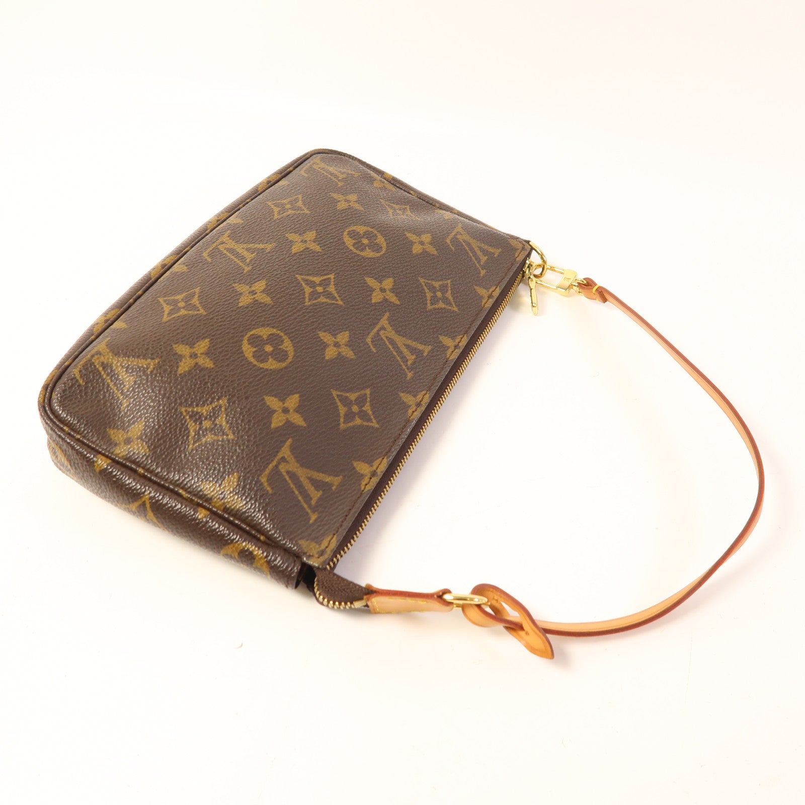 LOUIS VUITTON Monogram Pochette Accessoires金扣手挽袋棕色
