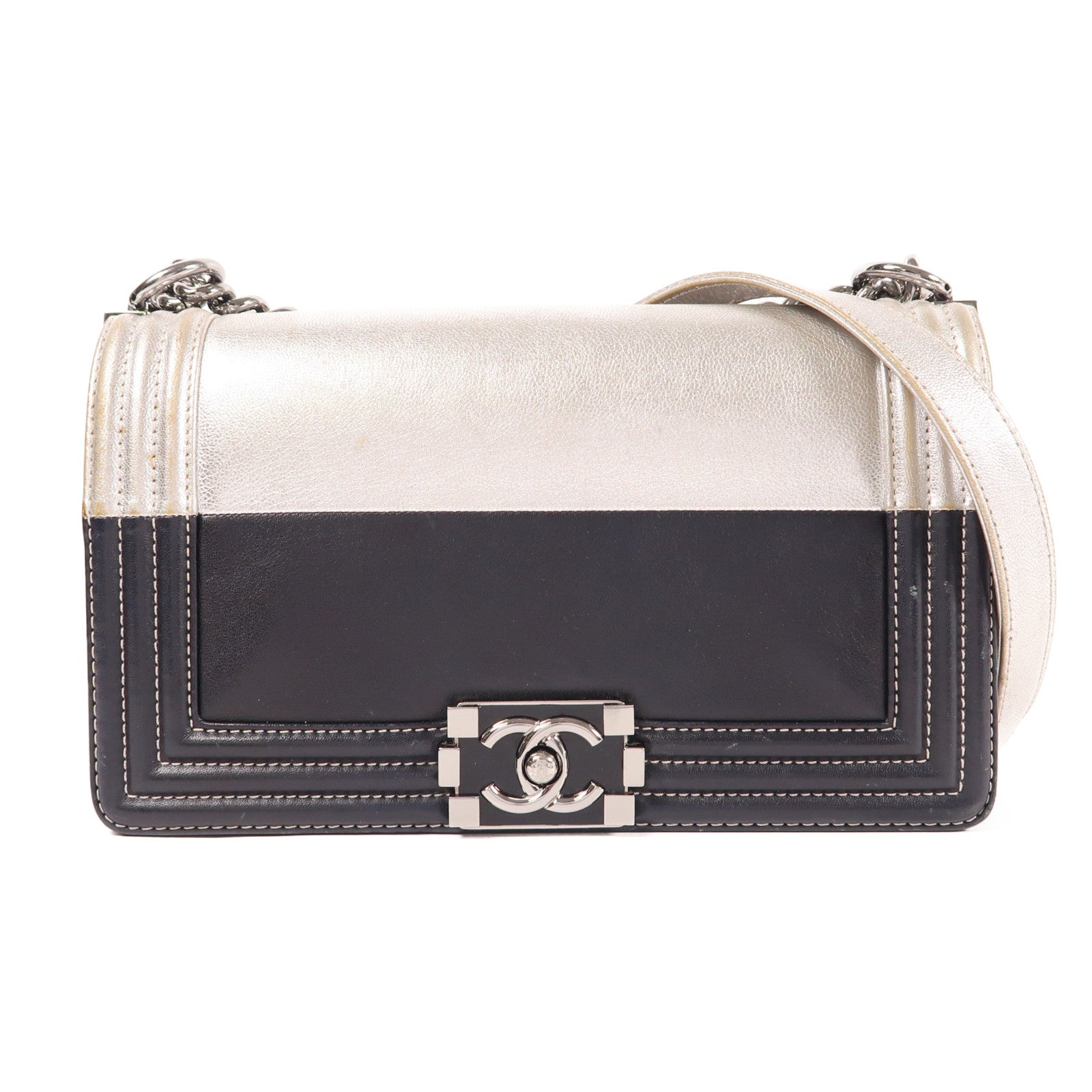 CHANEL CC SHW Boy 25 Chain Shoulder Bag Calfskin Leather Black Silver