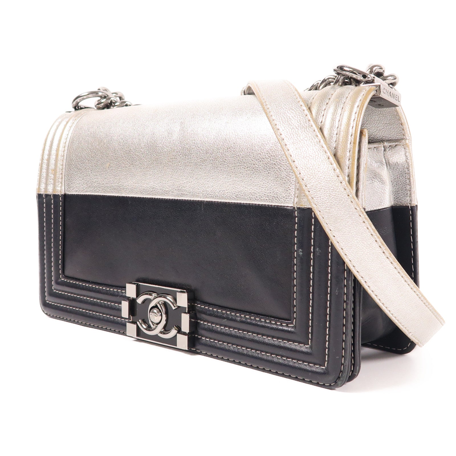 CHANEL CC SHW Boy 25 Chain Shoulder Bag Calfskin Leather Black Silver