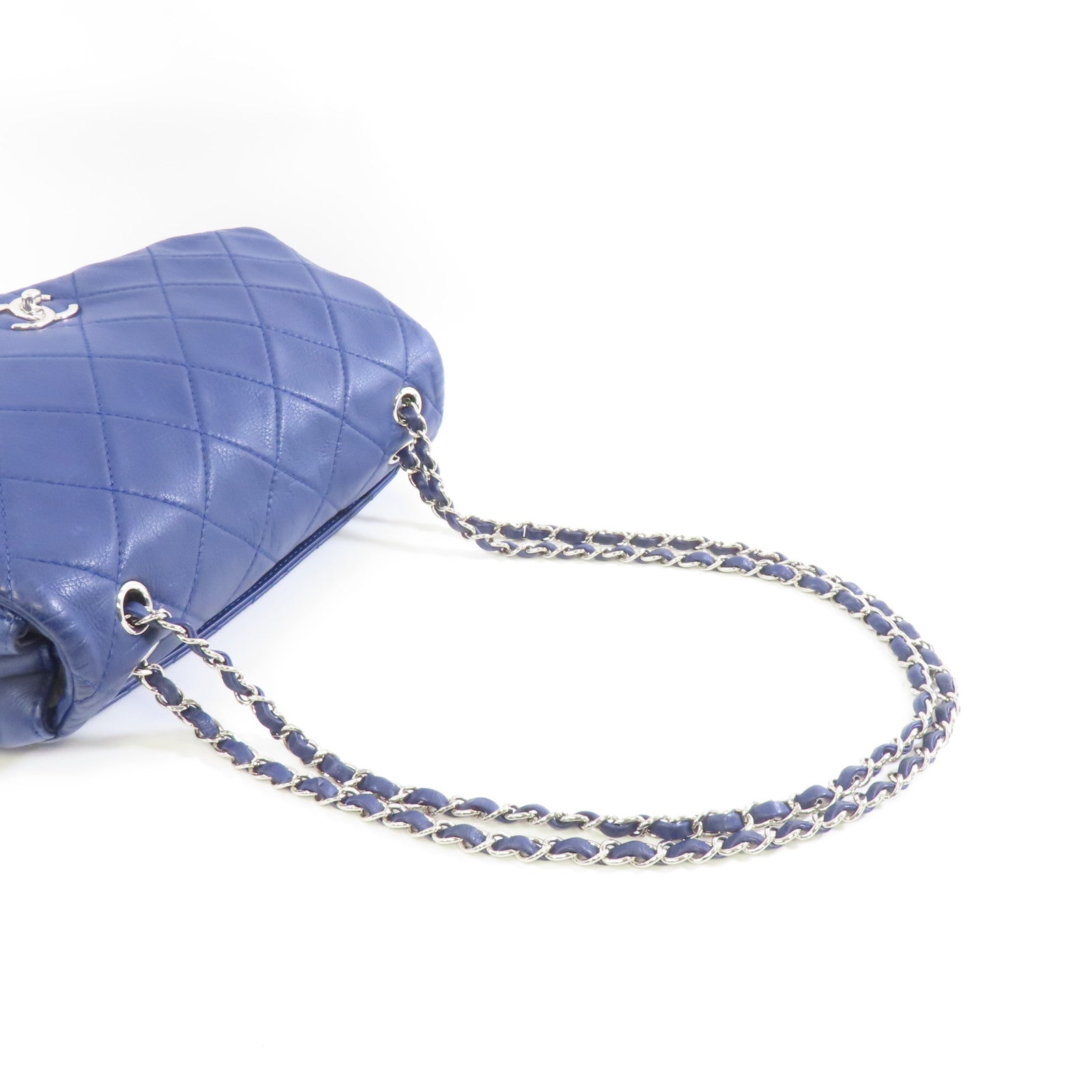 CHANEL 菱格皮革Chain Shoulder銀扣鏈帶肩背袋藍色