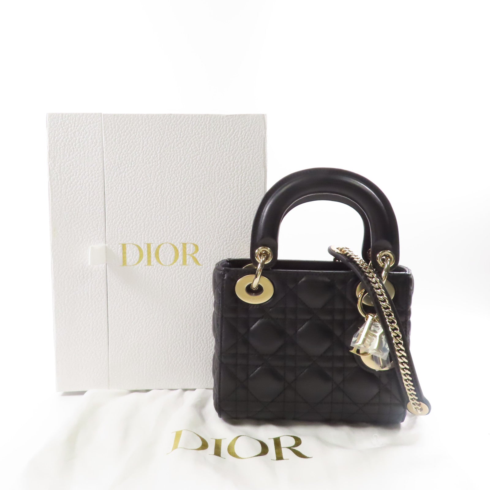 Dior 羊皮皮革Mini Lady Dior金扣手挽肩背兩用袋黑色