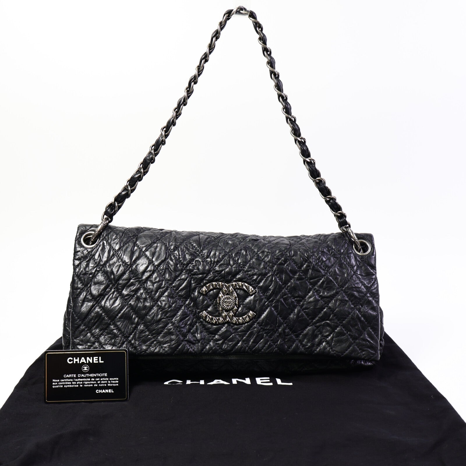 CHANEL 牛皮皮革Quilted Crinkled Calfskin Fold-Over Bag鏈帶肩背袋