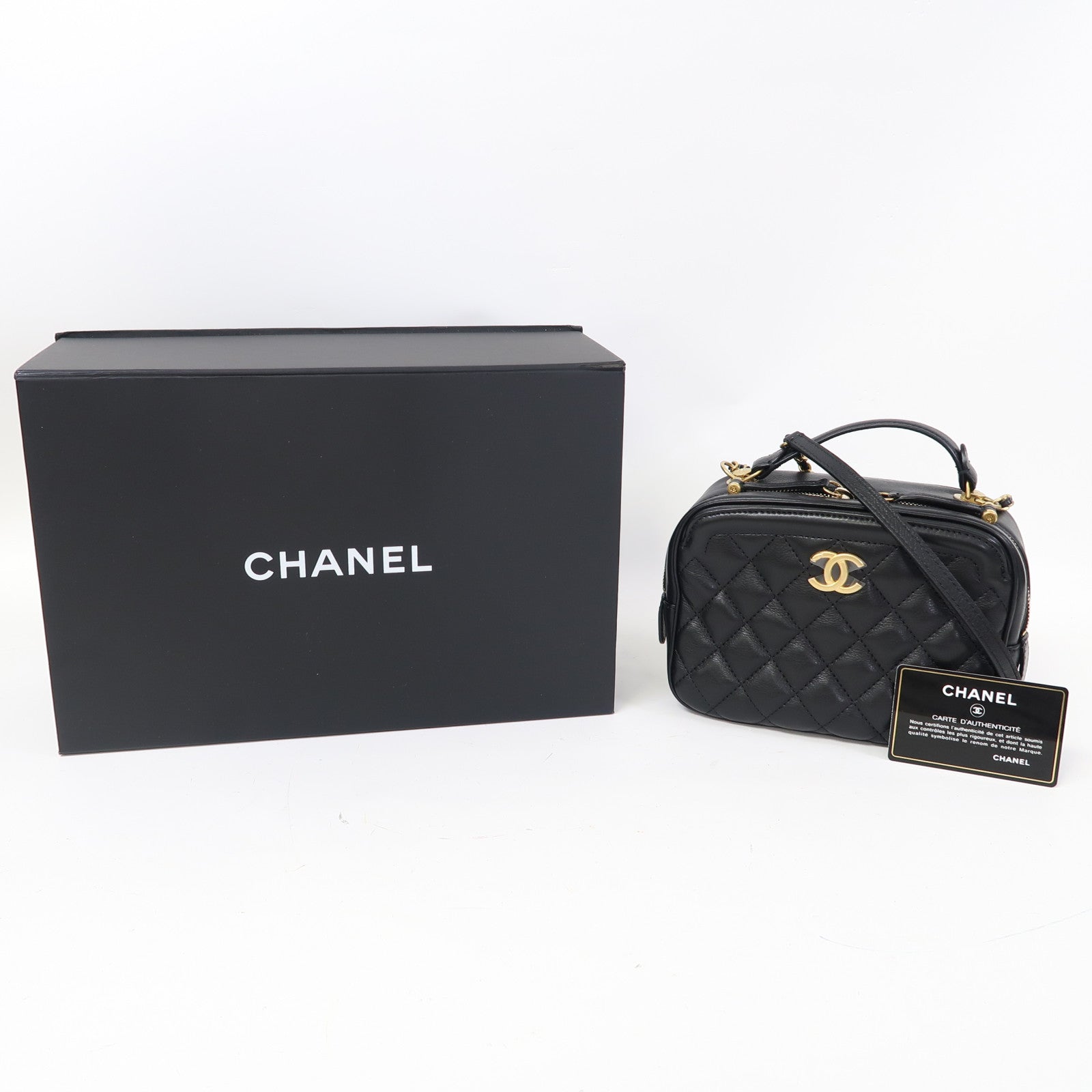 CHANEL 菱格牛皮皮革2way Shoulder Bag金扣手挽肩背兩用袋黑色