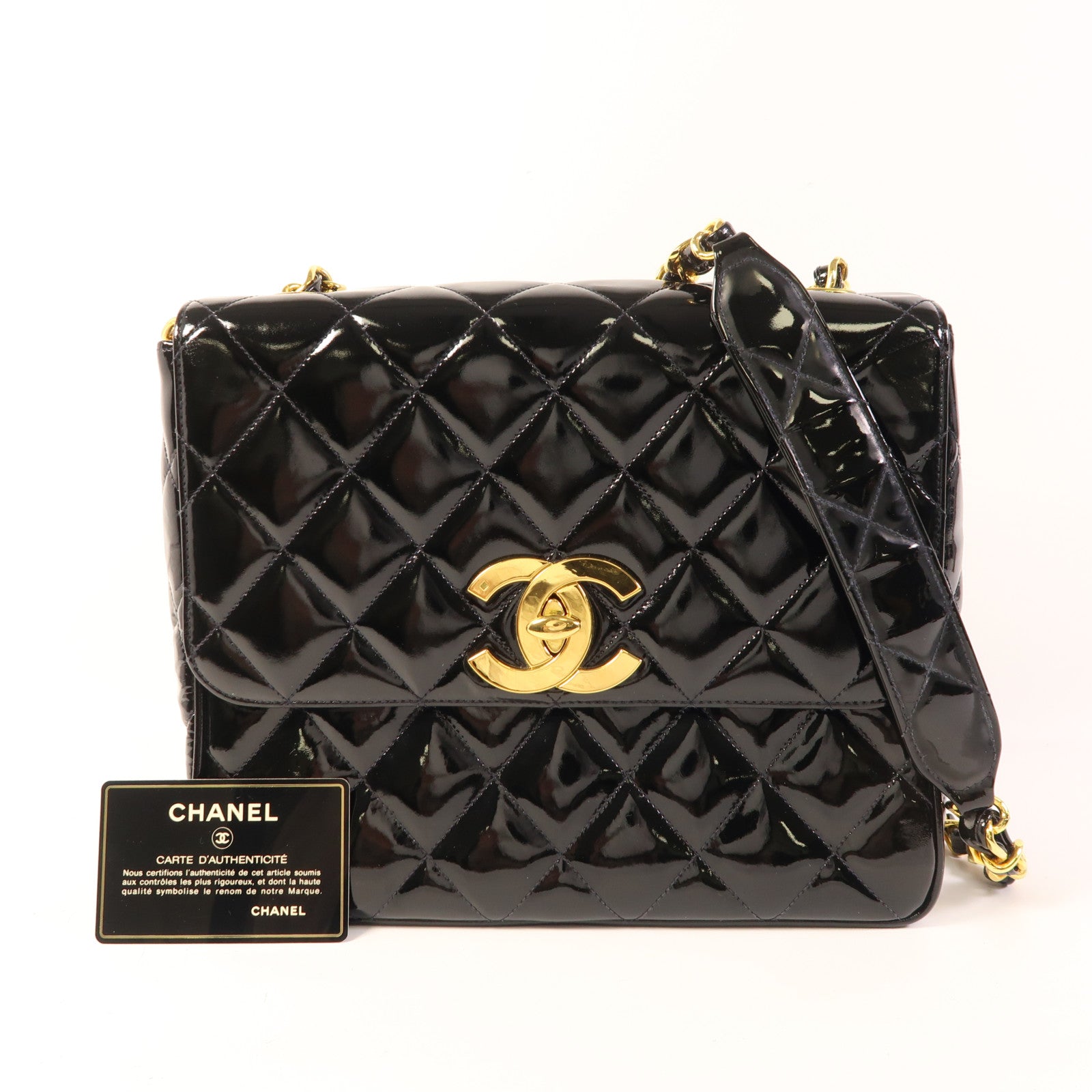 CHANEL 漆皮皮革Chain Shoulder金扣鏈帶肩背袋