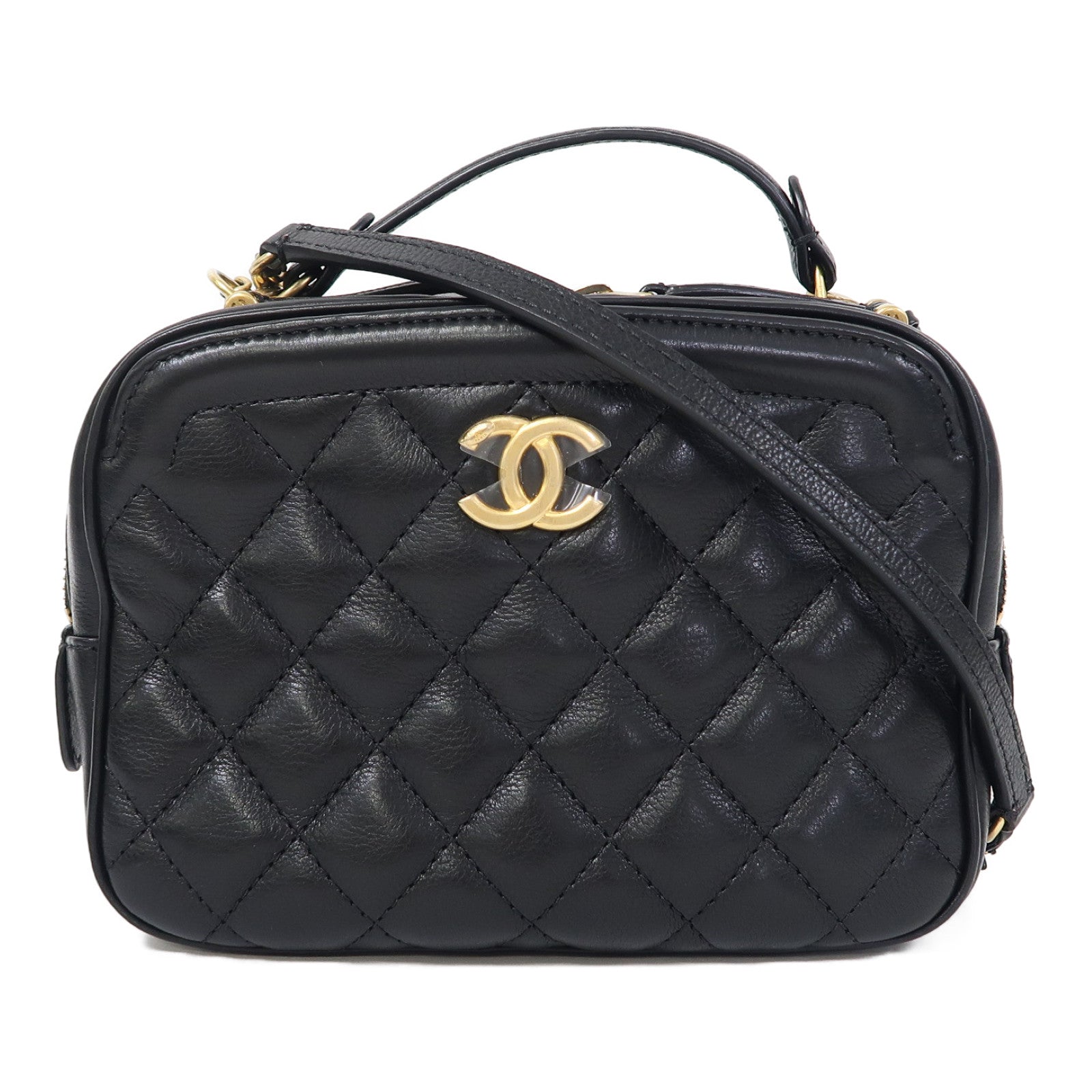 CHANEL 菱格牛皮皮革2way Shoulder Bag金扣手挽肩背兩用袋黑色