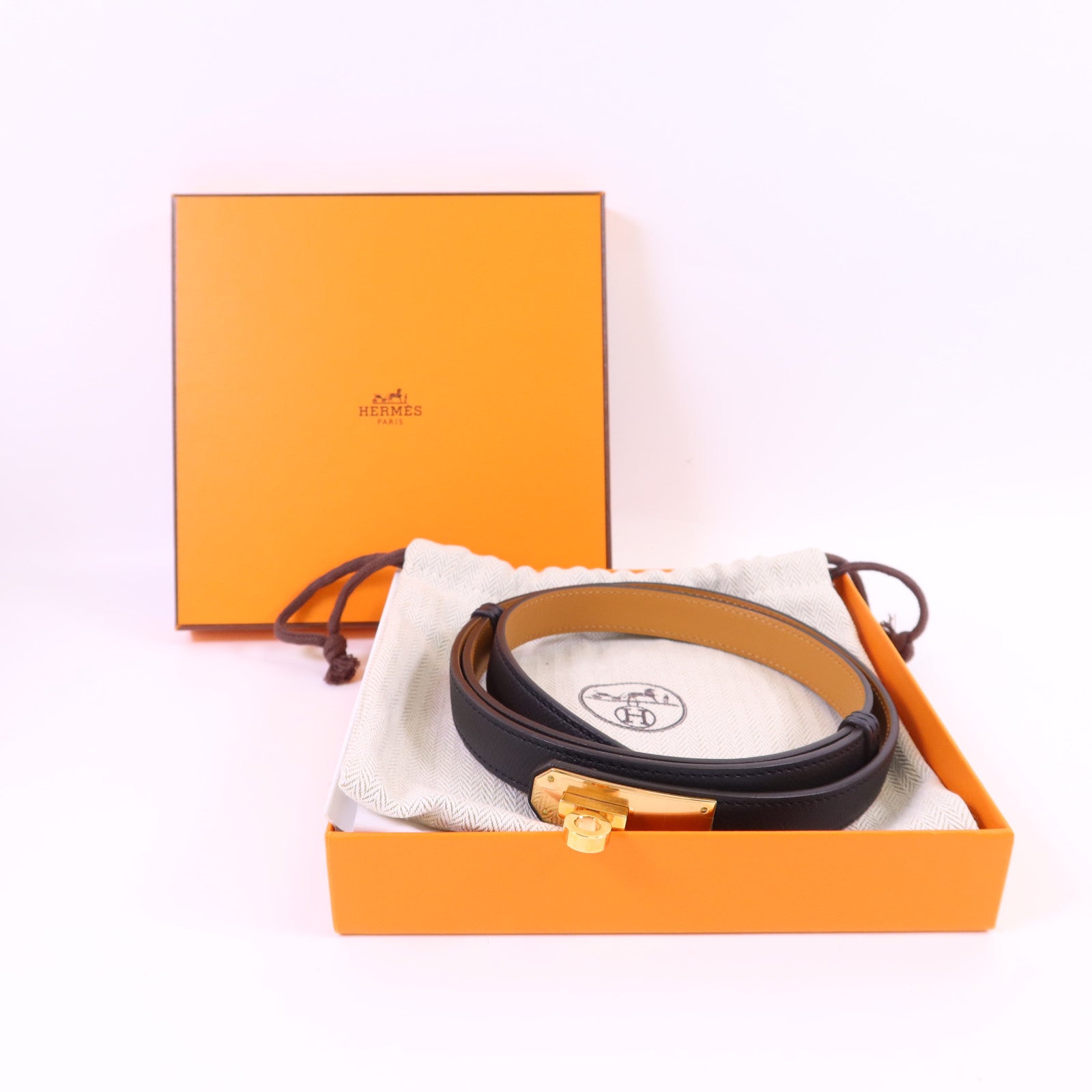 HERMES Epsom皮革Kelly Belt金扣皮帶Gold/Noir