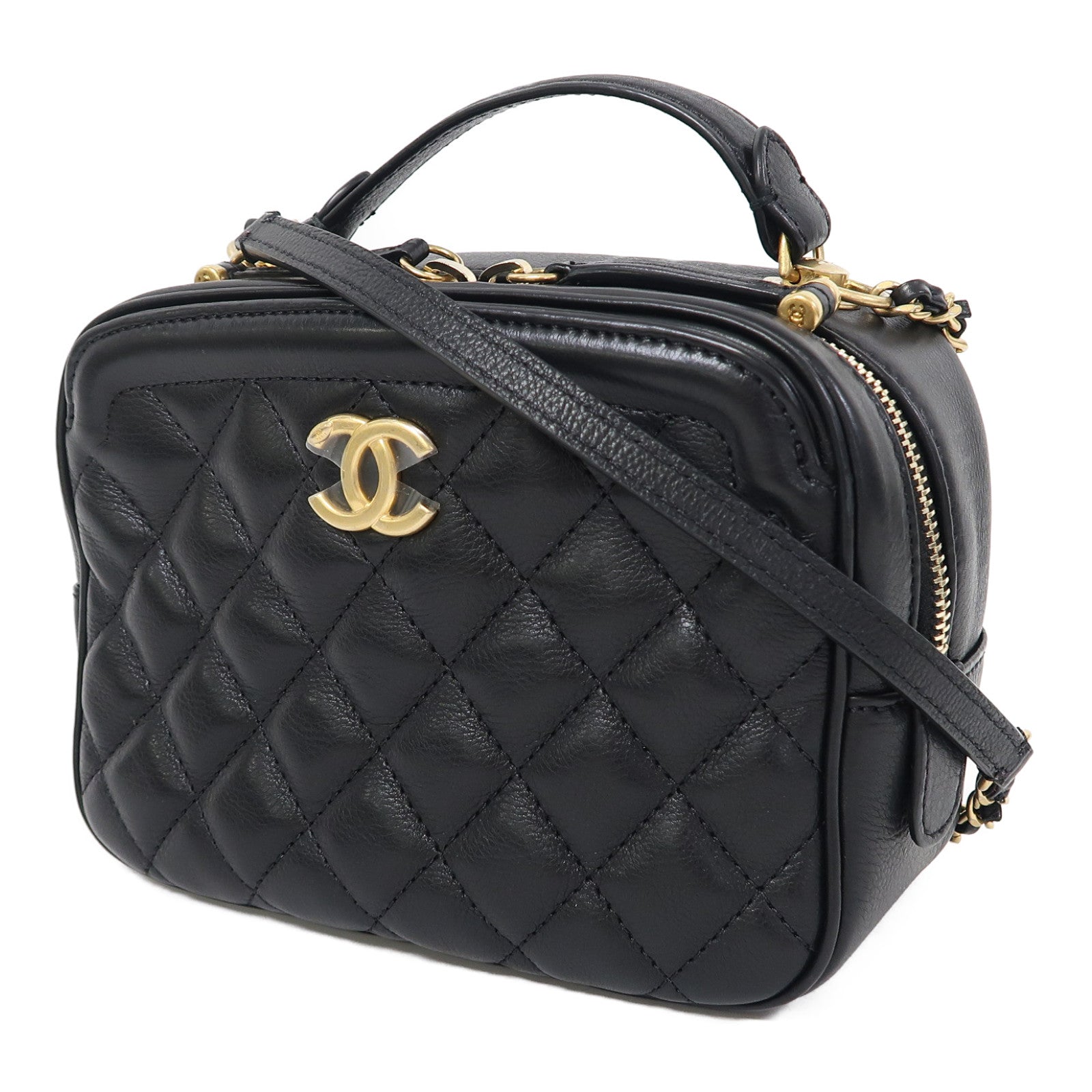 CHANEL 菱格牛皮皮革2way Shoulder Bag金扣手挽肩背兩用袋黑色
