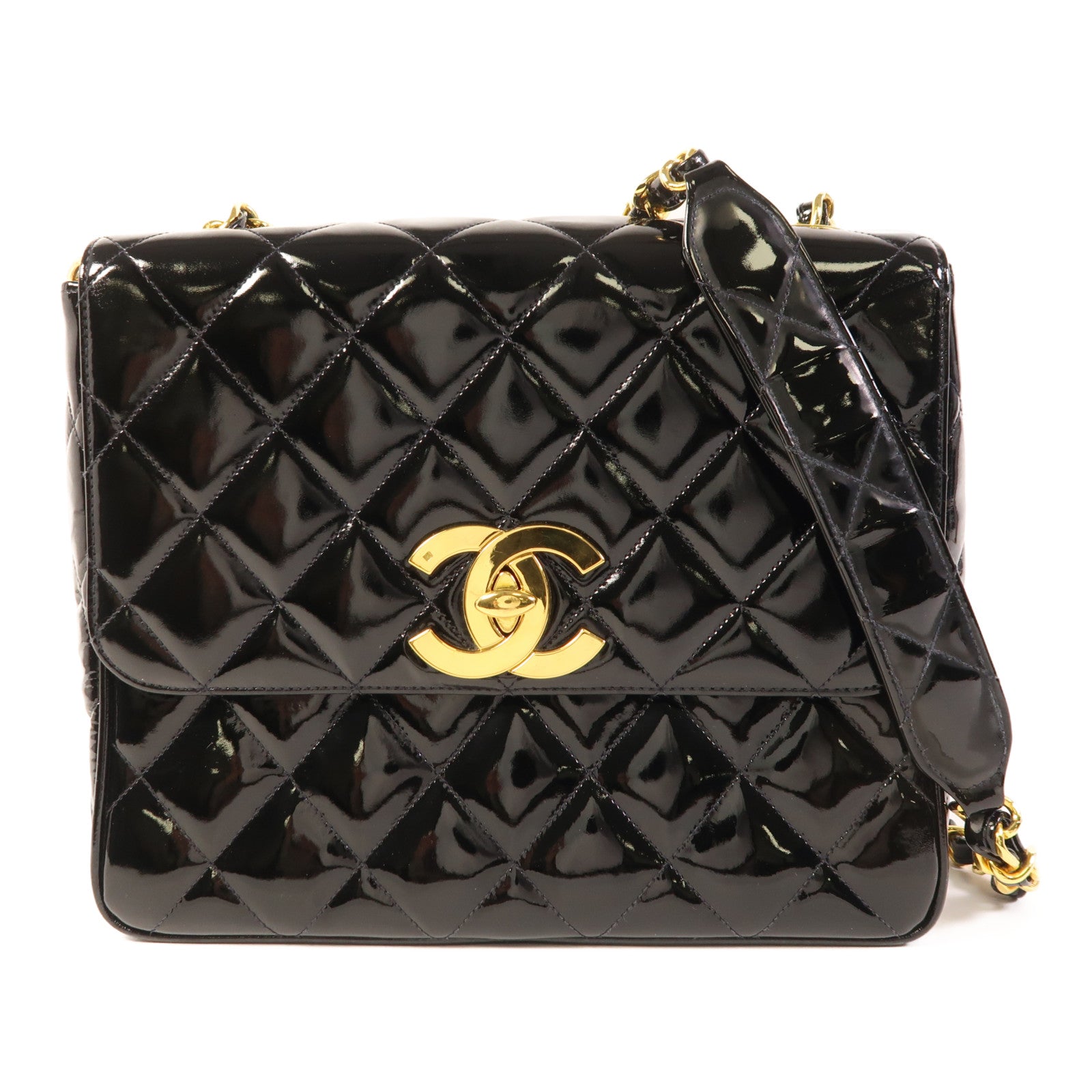 CHANEL 漆皮皮革Chain Shoulder金扣鏈帶肩背袋