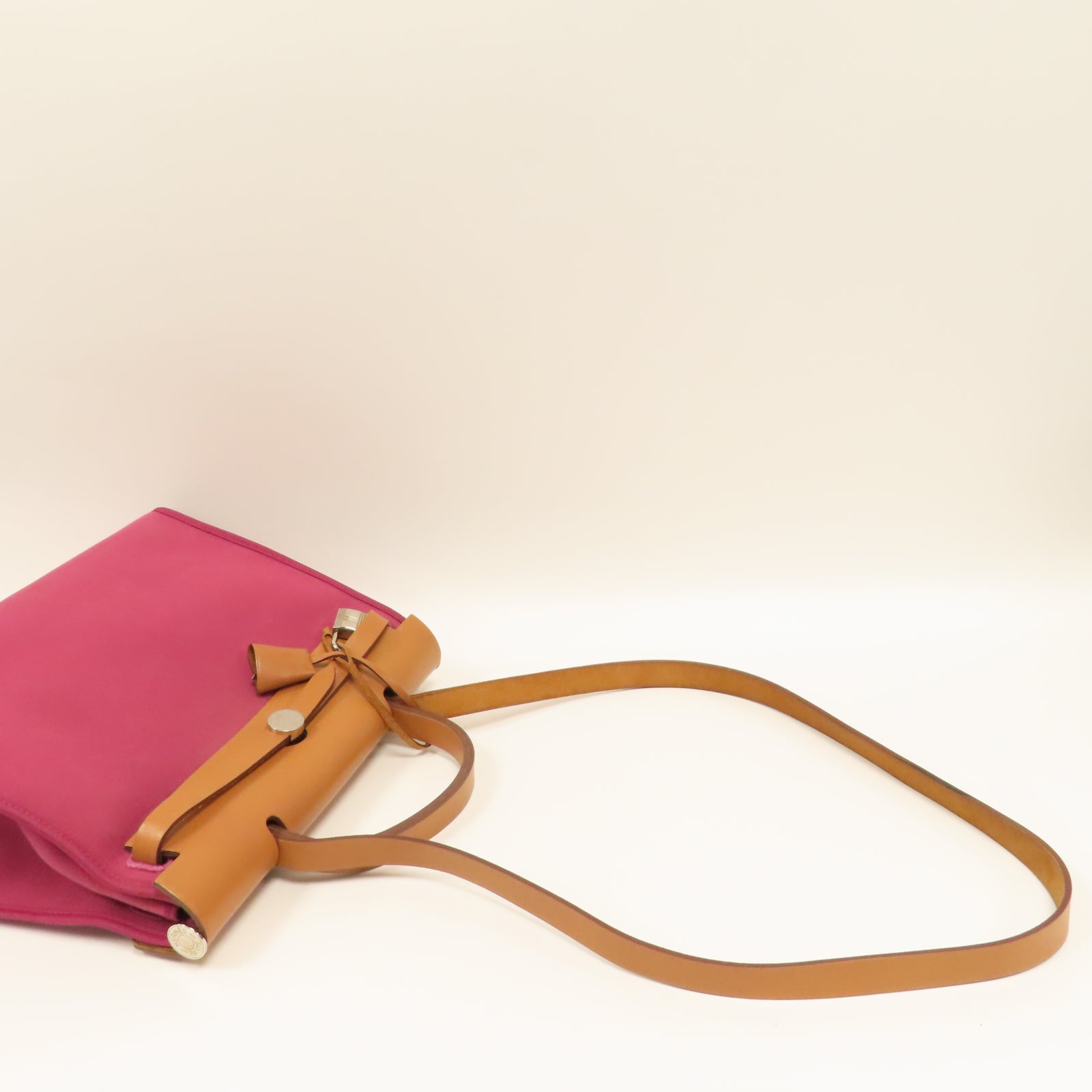 HERMES 【激減優惠】帆布Herbag PM銀扣手挽肩背兩用袋Ruby粉紅色