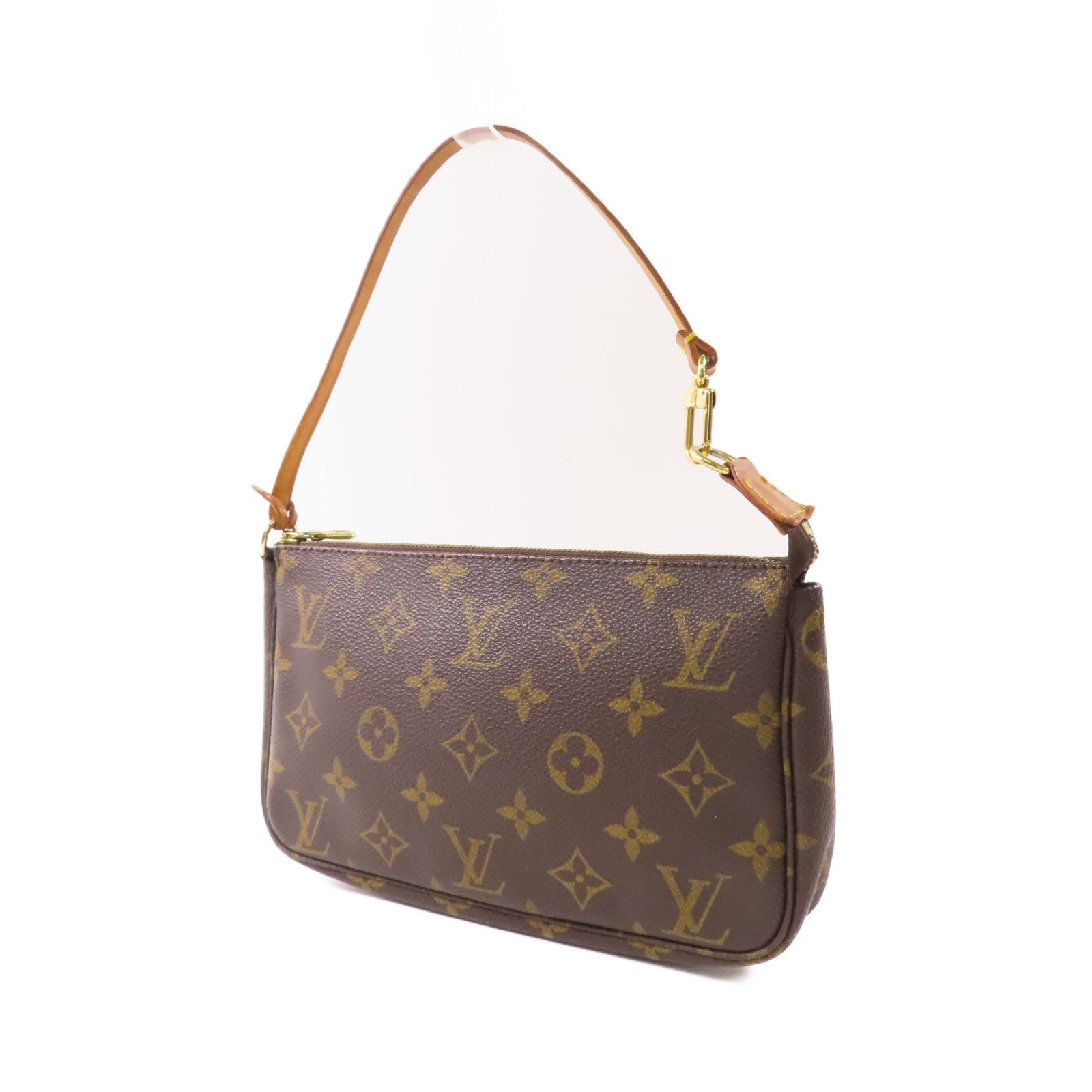 LOUIS VUITTON Monogram Pochette Accessoires金扣手挽袋棕色
