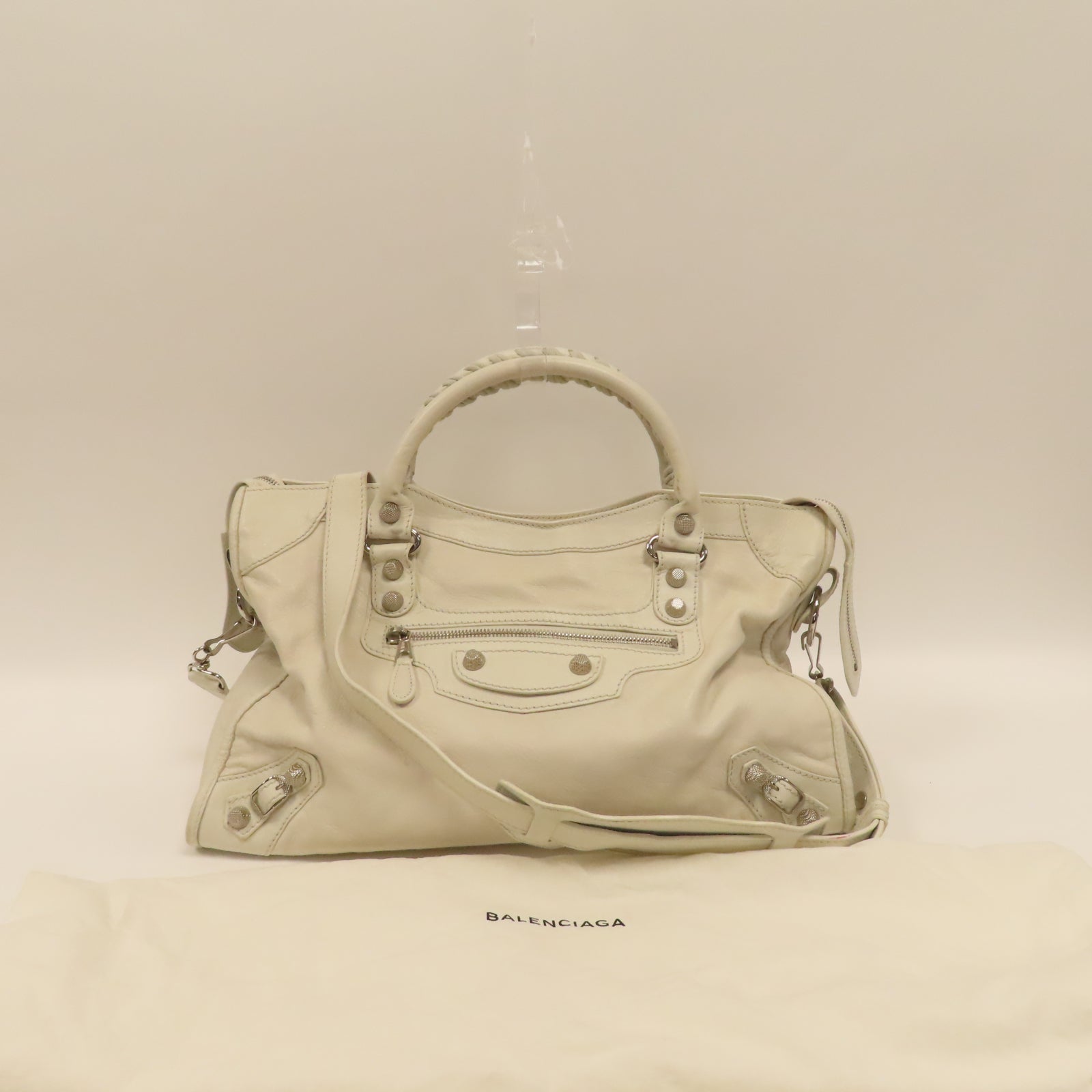 BALENCIAGA 羊皮皮革City銀扣手挽肩背兩用袋白色