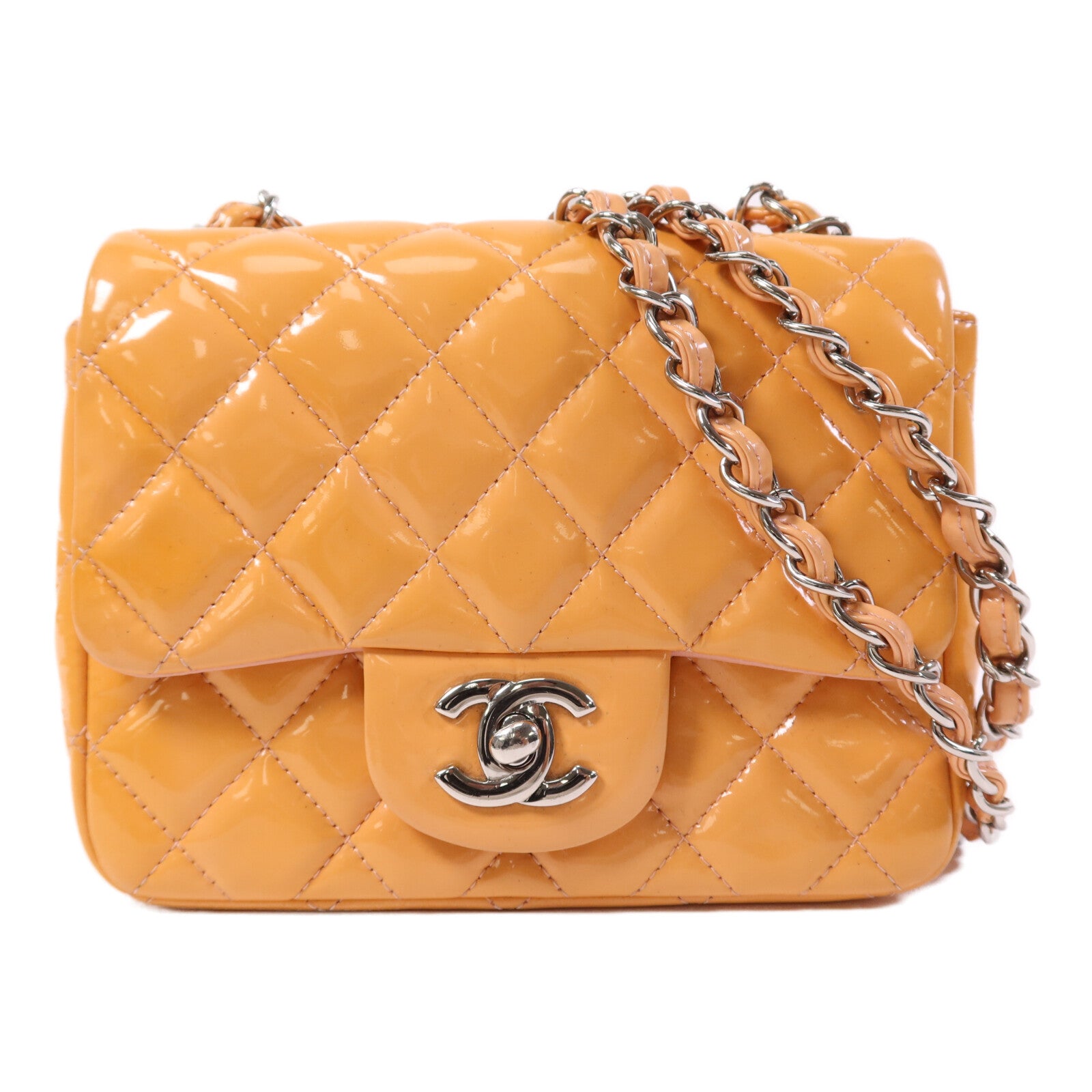 CHANEL 漆皮皮革Mini Classic 17銀扣鏈帶肩背袋