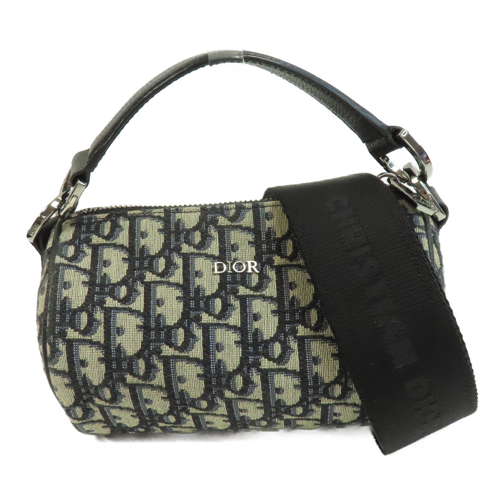 Dior 帆布/皮革Mini Rollen Messenger Bag銀扣手挽肩背兩用袋黑色