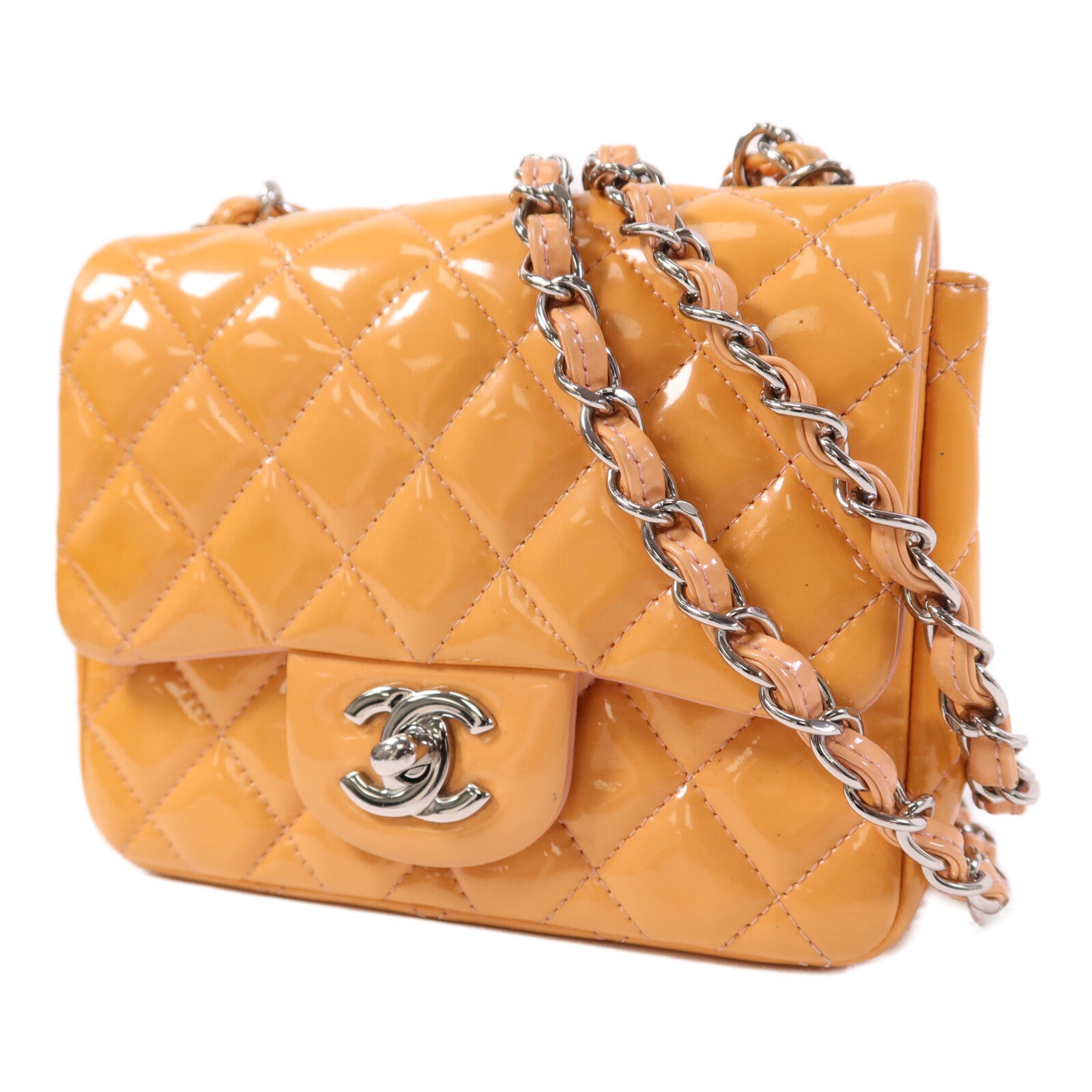 CHANEL 漆皮皮革Mini Classic 17銀扣鏈帶肩背袋