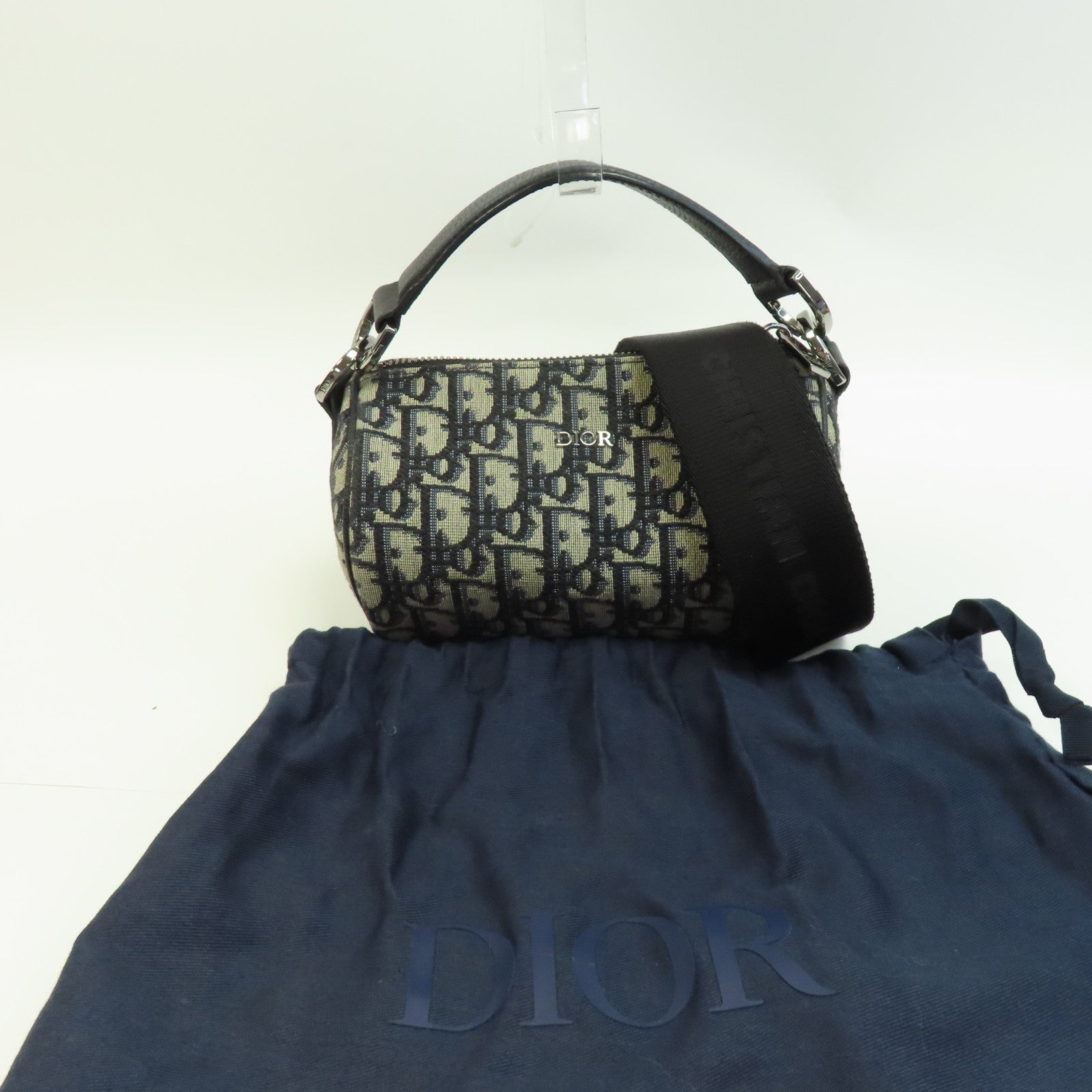 Dior 帆布/皮革Mini Rollen Messenger Bag銀扣手挽肩背兩用袋黑色