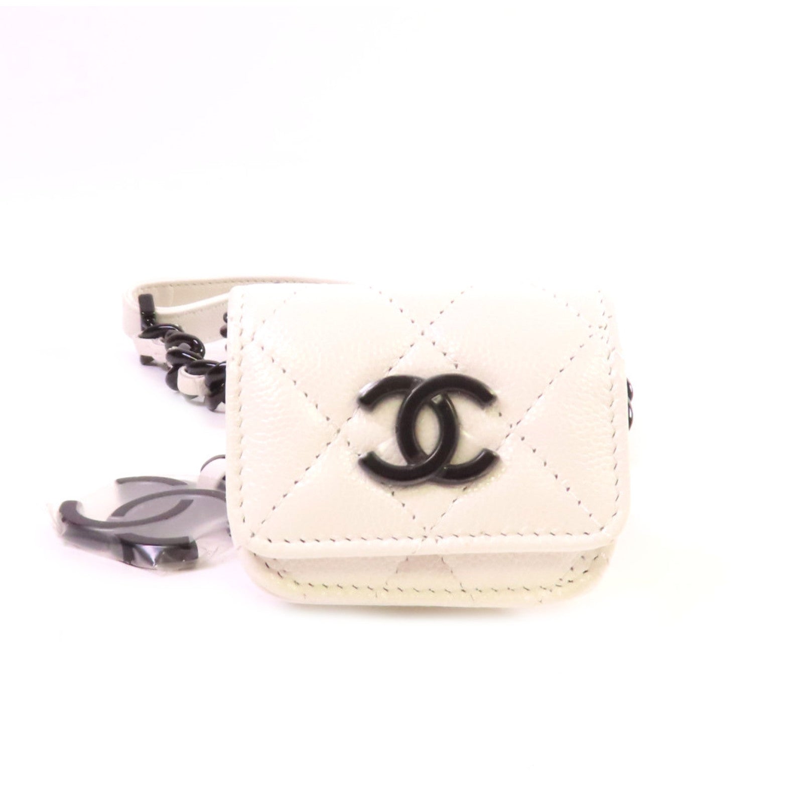 CHANEL 菱格Caviar皮革Airpods Pro Holder Belt銀扣耳機收納腰包白色