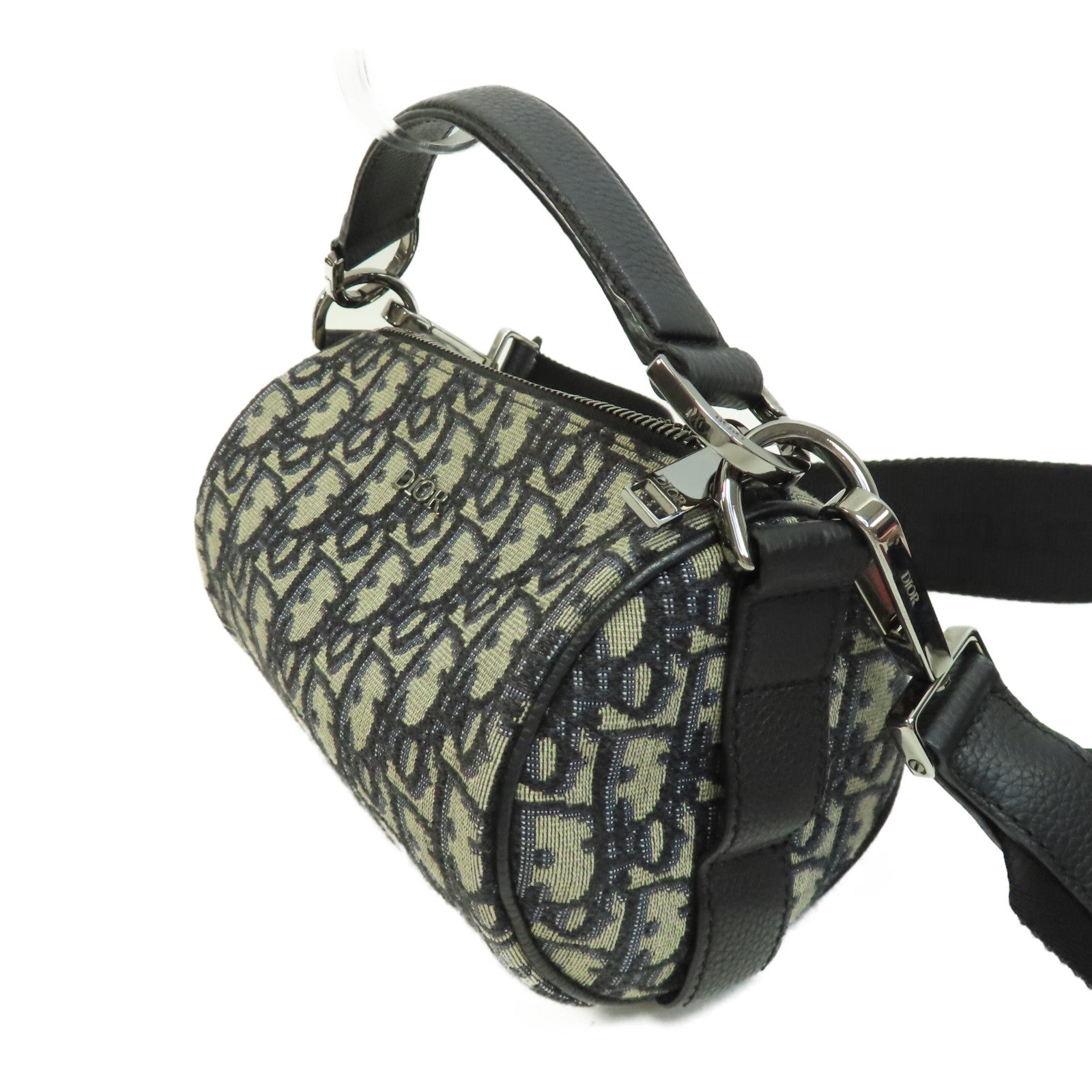 Dior 帆布/皮革Mini Rollen Messenger Bag銀扣手挽肩背兩用袋黑色