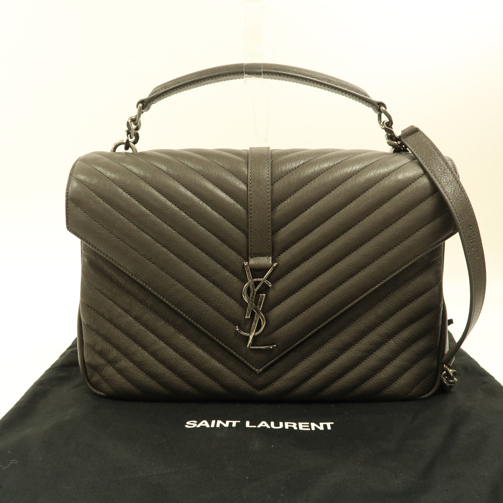 SAINT LAURENT 牛皮皮革Chain Shoulder銀扣手挽肩背兩用袋灰色