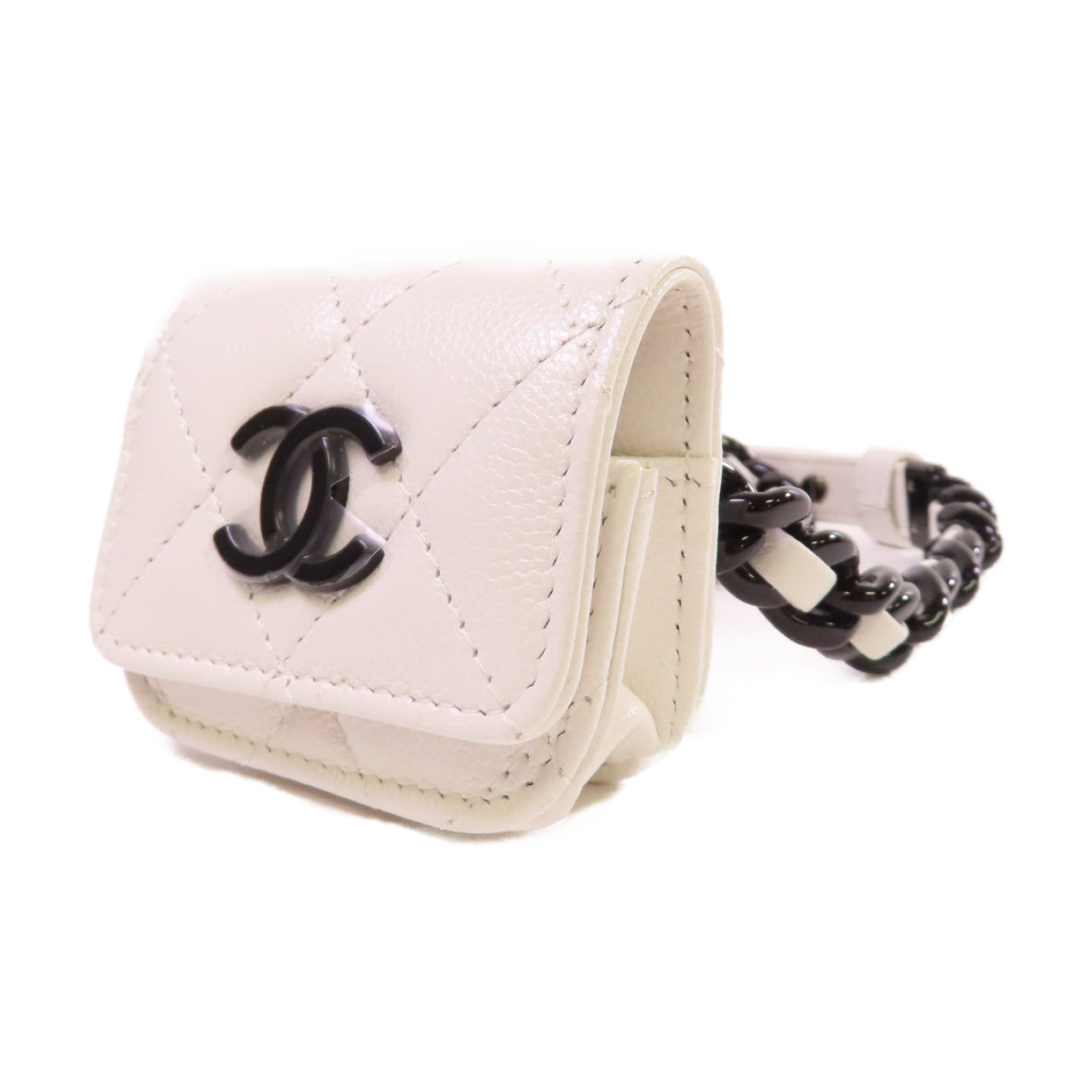 CHANEL 菱格Caviar皮革Airpods Pro Holder Belt銀扣耳機收納腰包白色