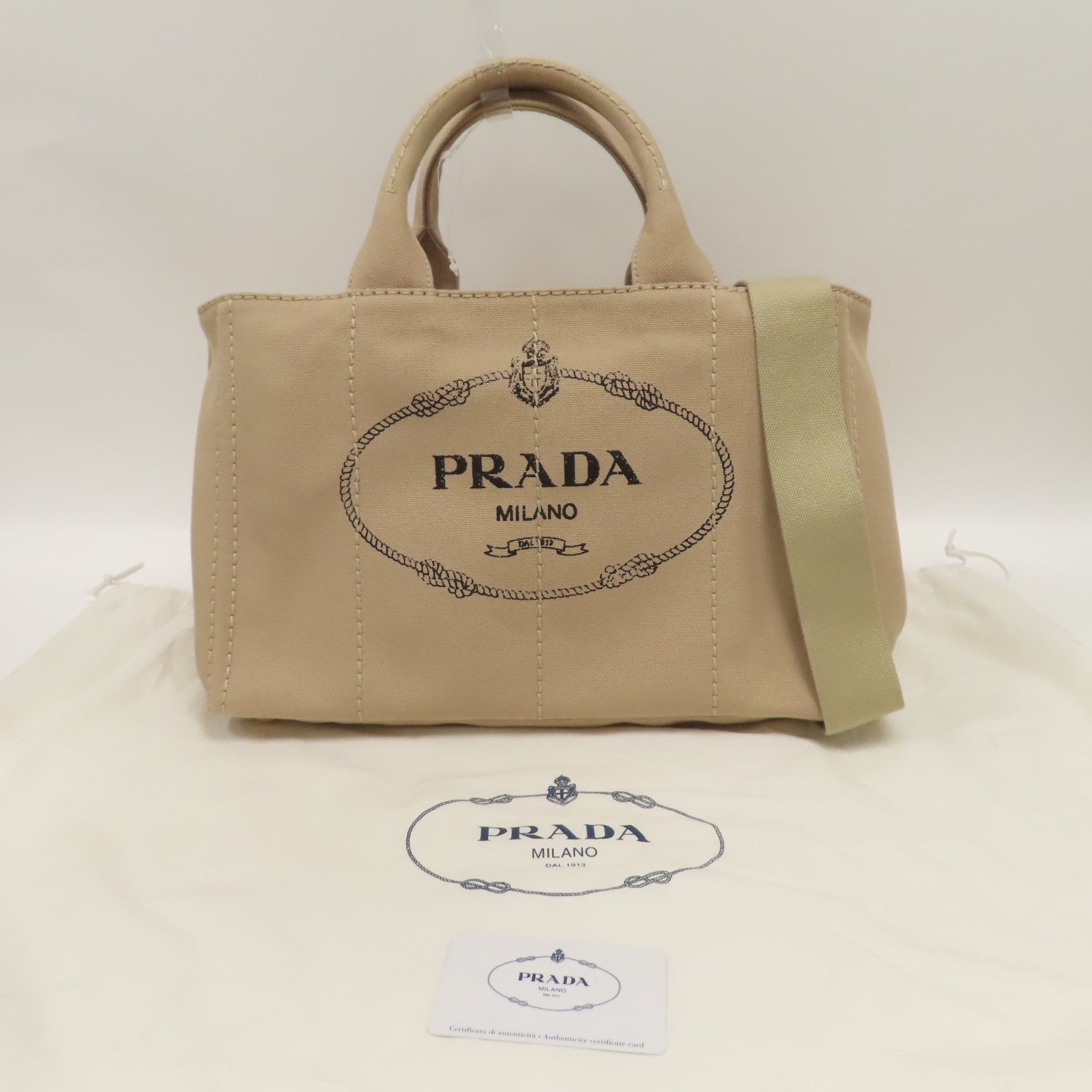 PRADA 帆布Canapa Tote Bag金扣手挽肩背兩用袋米色