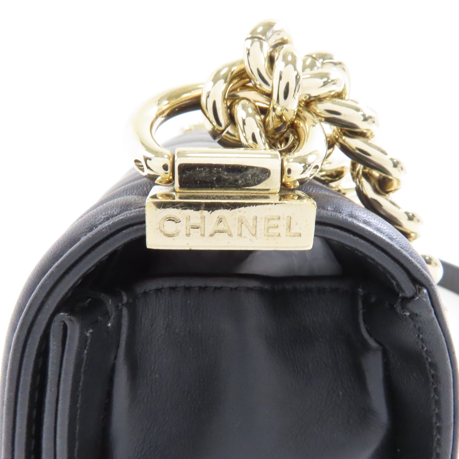 CHANEL 羊皮皮革Boy 20cm金扣鏈帶肩背袋黑色